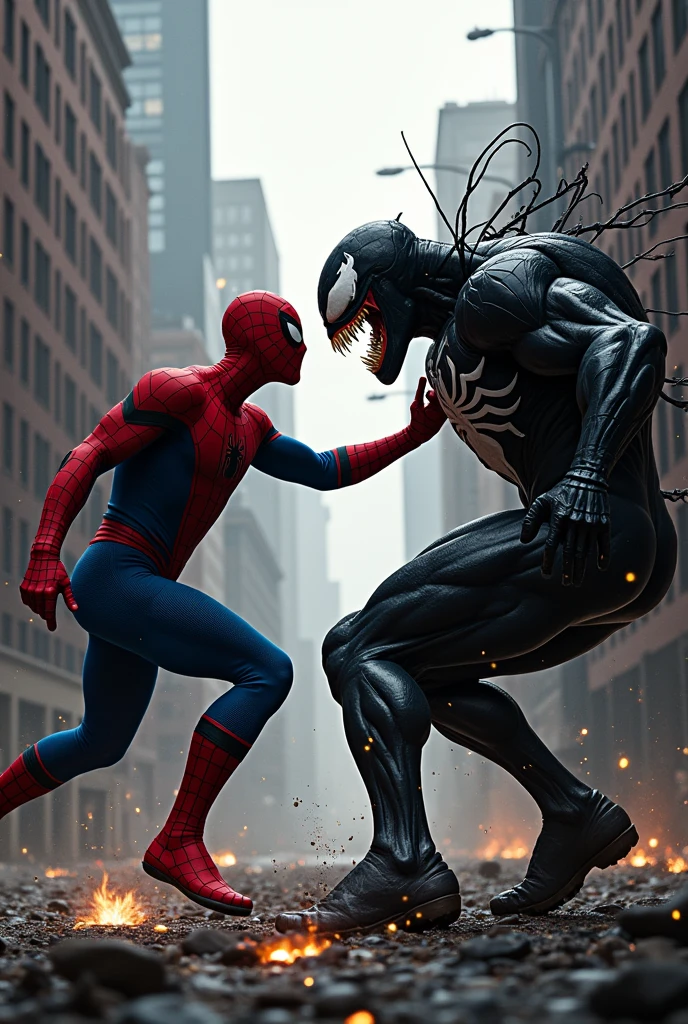 A spiderman hitting to venom by punching at face