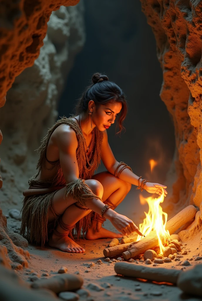 Half-naked Neolithic workers smelting metals outdoors