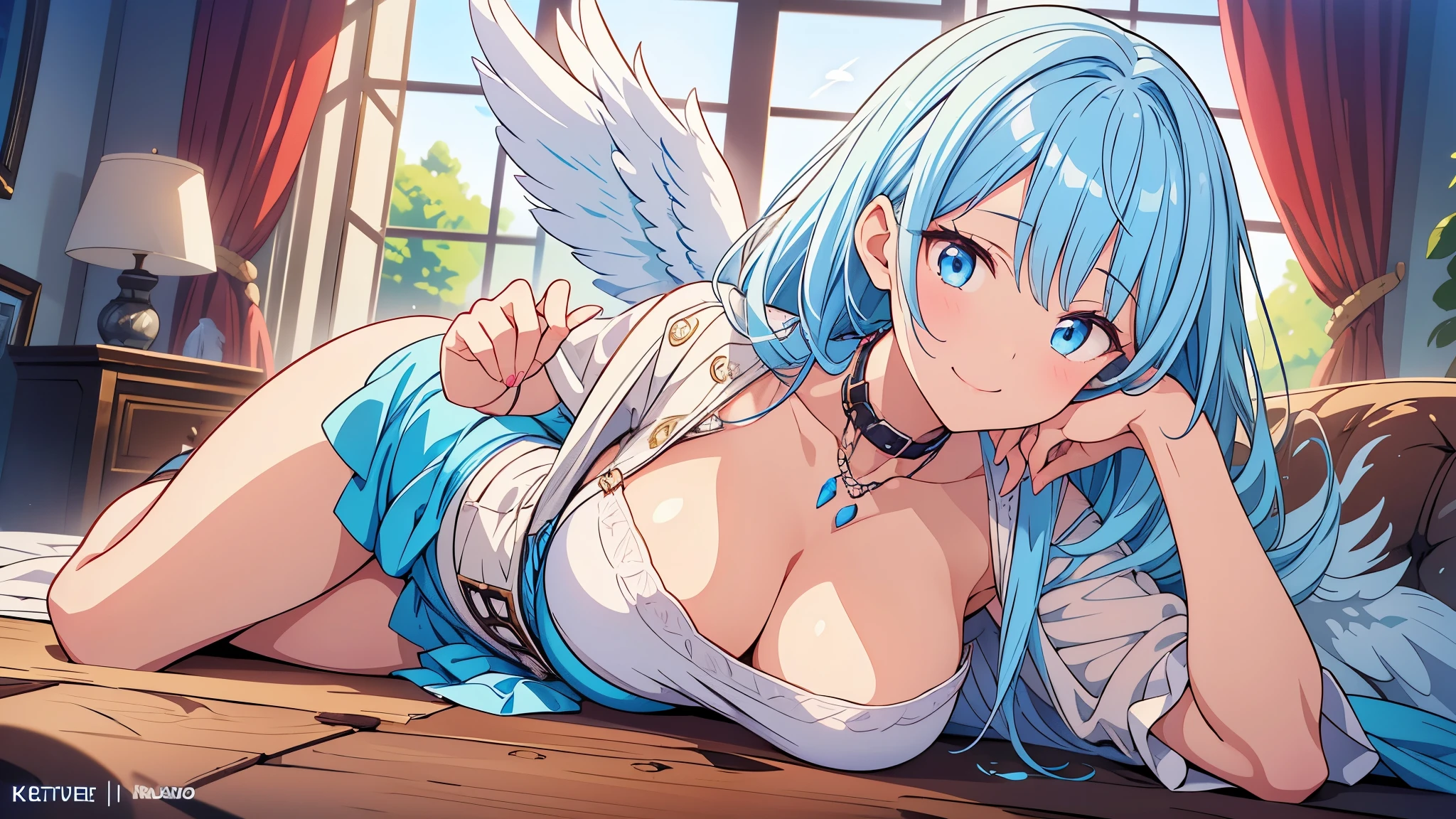 Pov, paizuri, 1girls,, 1boy, , , paizuri, penis between the breasts, beautiful design outfit, green blue, ,room, pov,sweat, laughing, wet Penis, underboob, ,  Emilia goddess, room , cleavage, pubic hair, petit, angel wings, cuteness, cleavage, accessories , petit breasts, pubic hair, wet penis , moe, accessories , cross design outfit 