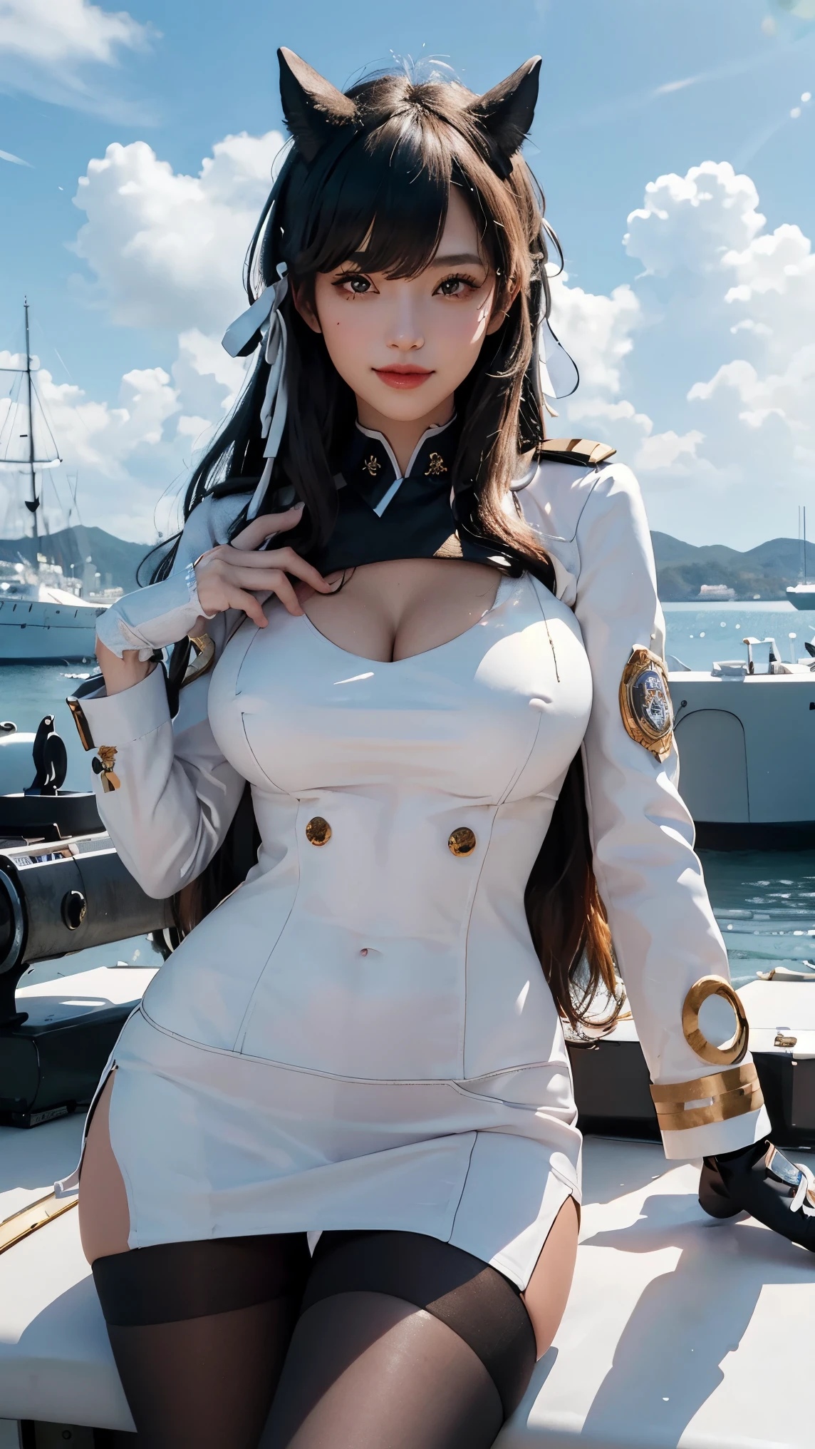 Atago,(best qualityer,4K,8k,high resolution,work of art:1.2)(weather: midday), Mondstadt bay background, battleship deck, white navy captain jacket, white tight mini skirt, white gloves, black pantyhose, horse ears, cheek mole, long straight hair, dark hair, ultra detailed, realistic,portraite,beautiful detailed honey eyes, glowing eyes,blush,beautiful detailed lips,extremely detailed eye and face, long eyelashes,sexly,average, large breasts,beaming smile, sexy smile,powerful girl, flirty pose, stunning curves,bright coloured,dramatic lighting,