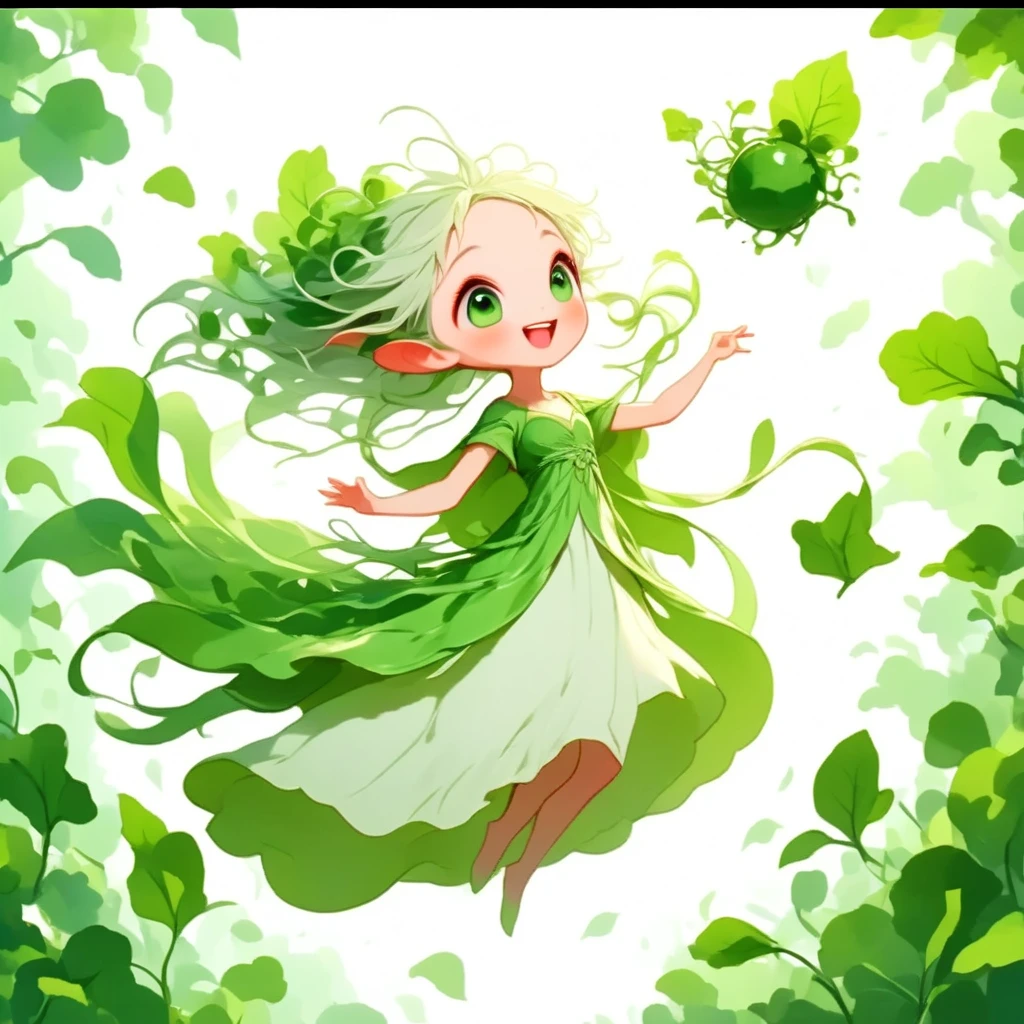 (masterpiece, best quality:1.2), Chibi cute, 1 daikon lady, elven lady, solo, full body, jump into the air, Green big eyes, Green leaves long hair, bangs, pointy ears, pure white skin, wearing green camisole one-piece long dress over white short sleeve T-shirt, happy smile with open mouth