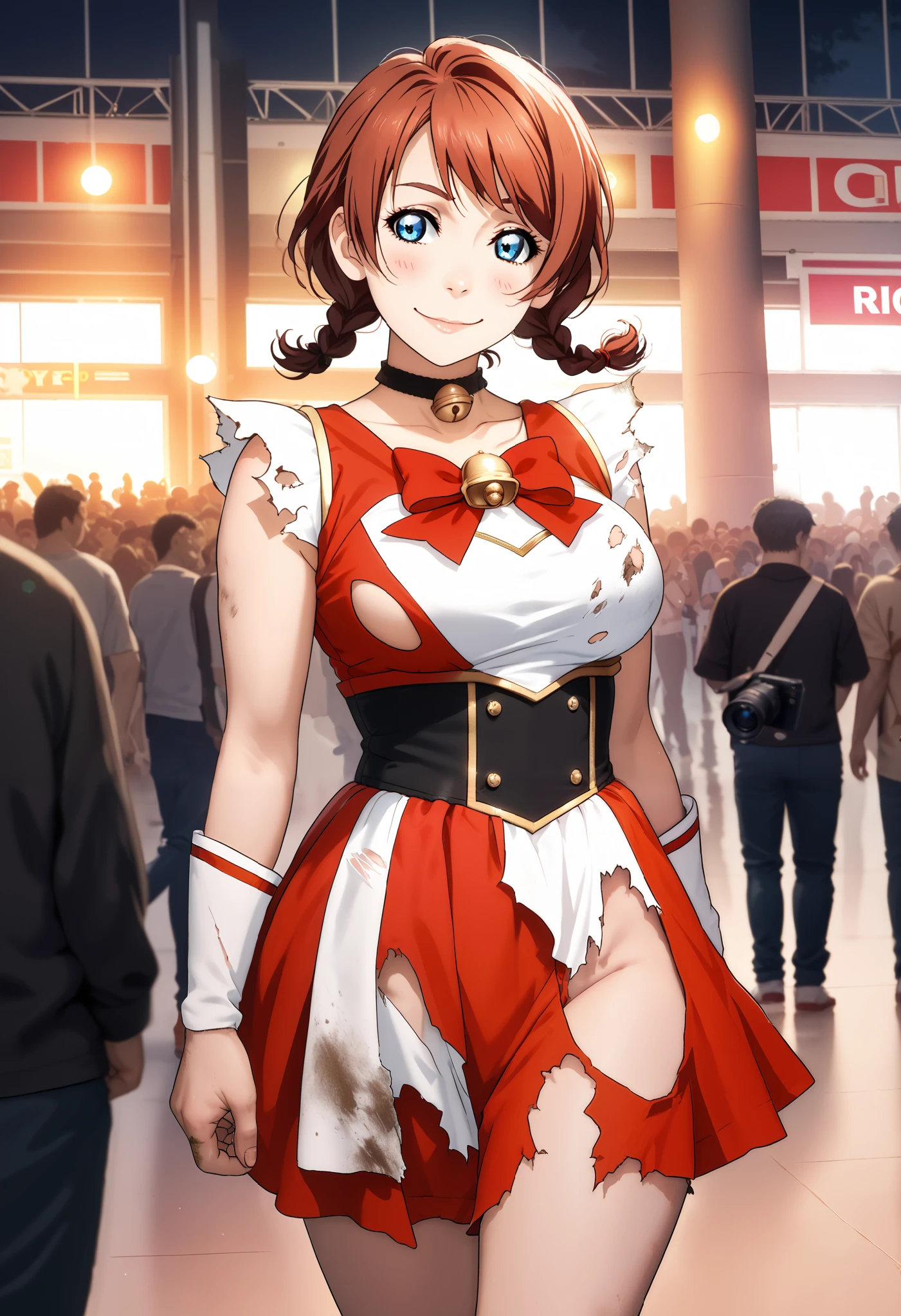 seductive, perfect lighting, perfect shadows, emma verde, auburn hair, blue eyes, bangs, swept bangs, short hair, twin braids,RUKIA Style, looking away,blushing,thin waist ,in corral,bell choker, surrounded by crowd,cameras,sexually suggestive, magical girl clothes,big breasts, smile, torn clothes, dirty