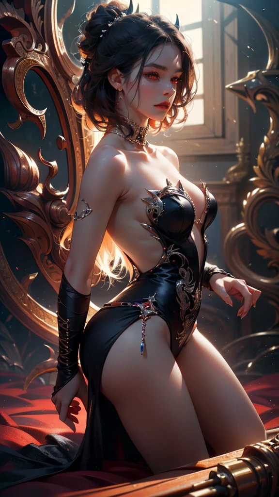 Full body, from front, Solo, female, wlop , (voluptuous entity, extremely detailed beautiful succubus, seductive female demon, sensual horned demoness, alluring demonic temptress), dark fantasy, official art, anatomically correct rendering, ultra beautiful CG, extremely detailed seductive face, perfect beauty face, detailed beautiful real red eyes, elegant makeup, detailed skin texture, realistic depiction of skin, shiny skin, extremely detailed hair, middle hair, messy,BREAK (wearing black and deep red seductive outfits in gothic fantasy style), (lust for pure love, demoness has bewitching charms every men, absolutely detailed depiction of beauty demoness, mesmerizing and enthralling succubus, (the backgound depiction concept:dark fantasy, chiaroscuro lighting, moody and atmospheric, rich colors, dramatic shadows, cinematic composition).,          ((best quality, 4k, 8k, high resolution, masterpiece:1.2), ultra-detailed, (realistic, photorealistic, photo-realistic:1.37),HDR,UHD, incredibly absurdres, studio lighting, ultra-fine painting, sharp focus, physically-based rendering, extreme hyper detail descriptions in the artwork, professional, vivid colors, perfect anatomy)