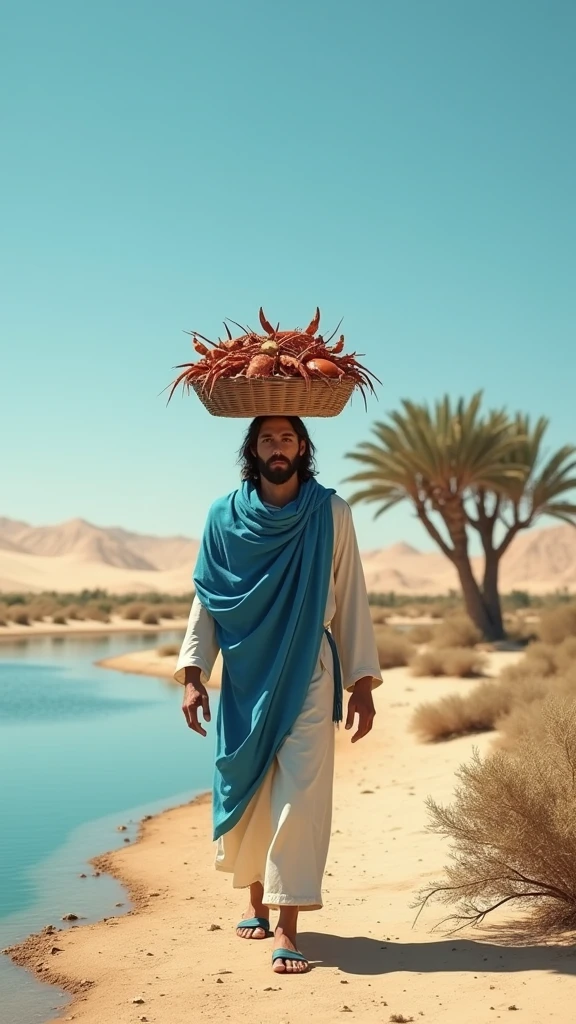 ((Create a realistic portrait image with a warm cinematic perspective of a young man wearing traditional black Arab clothing in the middle of a semi-desert road. He should be holding a plate of fruit in his hand and looking ahead.