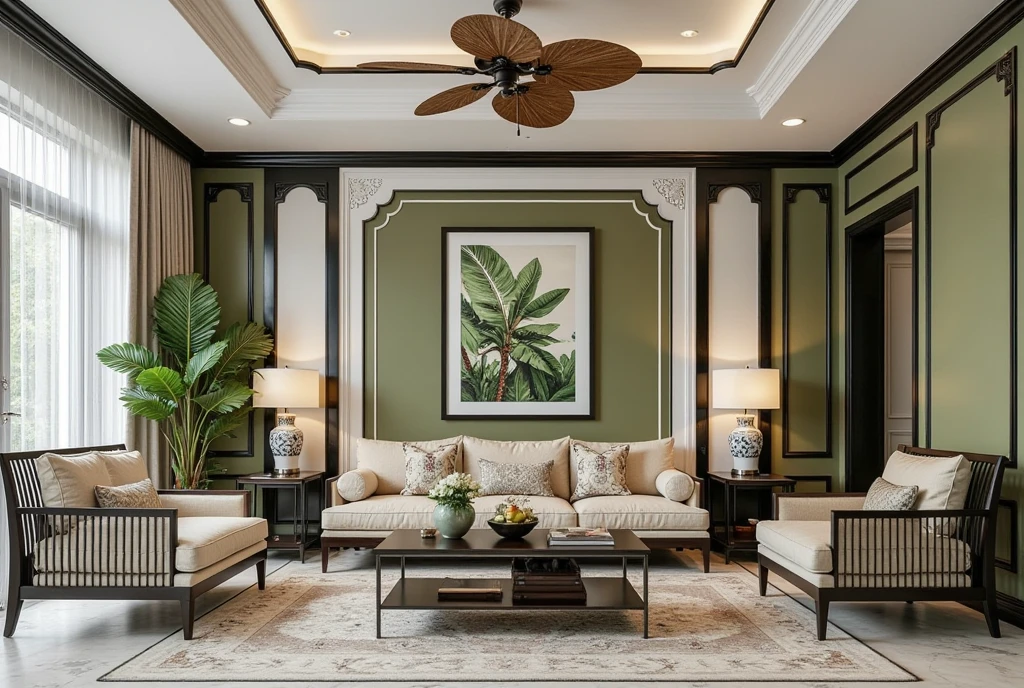 This image is a photorealistic 3D rendering of a sophisticated interior, likely a lounge or waiting area, designed with a blend of Indochine (French Colonial in Southeast Asia) and Art Deco influences. The space is characterized by elegant furniture, rich colors, and intricate details.  Here's a breakdown:

* **Indochine Influence:** The tropical ceiling fan, the use of dark wood furniture, the botanical artwork, and the overall ambiance evoke the Indochine style, popular during the French colonial period in Southeast Asia. This style often blends local materials and craftsmanship with European design principles.

* **Art Deco Touches:** The geometric patterns in the wall paneling, the streamlined furniture shapes, and the symmetrical layout hint at Art Deco influences.  The bold contrast between the light and dark elements also aligns with Art Deco aesthetics.

* **Color Palette:**  The room features a rich color palette with olive green walls, white and black trim, and cream-colored upholstery.  This creates a sense of sophistication and warmth.

* **Wall Paneling and Molding:** Intricate wall paneling and molding, combining vertical stripes and geometric shapes, add depth and visual interest. The contrast between the white paneling and the olive green walls is a striking design feature.

* **Furniture:** The furniture pieces are elegant and well-chosen.  A  sofa with patterned cushions and bolsters is the centerpiece of the room.  A matching chaise lounge, armchairs, and side tables complete the seating area.  The dark wood and cream upholstery contribute to the overall luxurious feel.

* **Decorative Elements:**  A large botanical artwork, table lamps with patterned bases, a potted palm, and a small vase of flowers add decorative touches and enhance the room's ambiance. A small side table with a decorative object is also visible.

* **Ceiling and Flooring:** The white ceiling features decorative molding and recessed lighting, complementing the wall paneling.