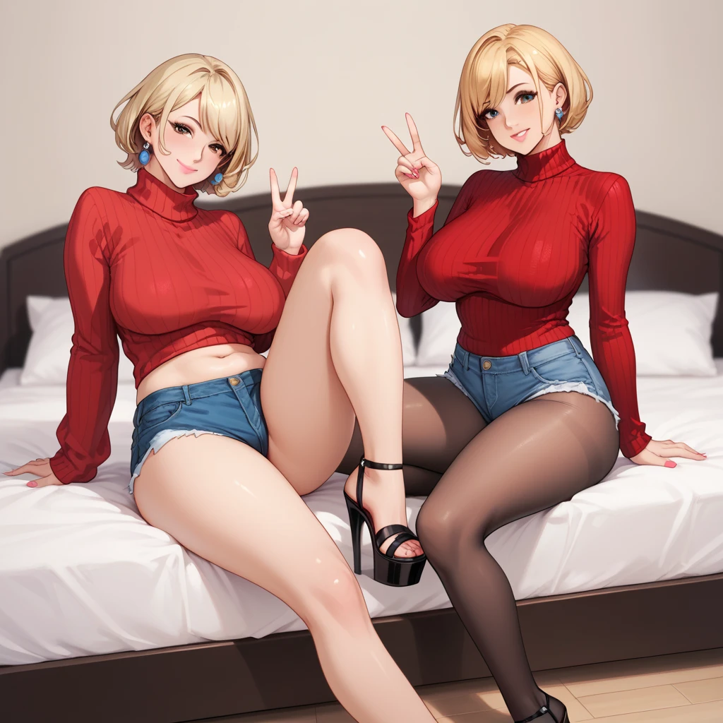 1 mature woman, short hair, very short blonde hair, extremely short blonde hair with swept bangs, brown eyes, very large sagging breasts, thick thighs, pink lips, pink lipstick, closed mouth, smiling with closed mouth, earrings, long sleeve turtleneck red ribbed sweater, red tight turtleneck ribbed sweater, red sweater, red ribbed sweater, red turtleneck sweater, denim shorts, denim mini shorts, wearing black silky pantyhose, wearing black pantyhose, black semitransparent pantyhose, white high heeled sandals, high platform high heels white sandals, fish mouth high heeled white sandals, happy facial expression, peace sign with one hand, doing peace sing with fingers, one hand up doing peace sign, one hand behind back on bed for support, sitting with legs open, visible crotch, one leg with the bent knee up and the foot on bed, raising the other leg straight on the air, sitting on bed, looking down at the viewer, Closed Mouth, out of focus bedroom background, bedroom background, sitting on red bed, king-sized bed with red sheets, Masterpiece, well drawn face, well drawn hands.