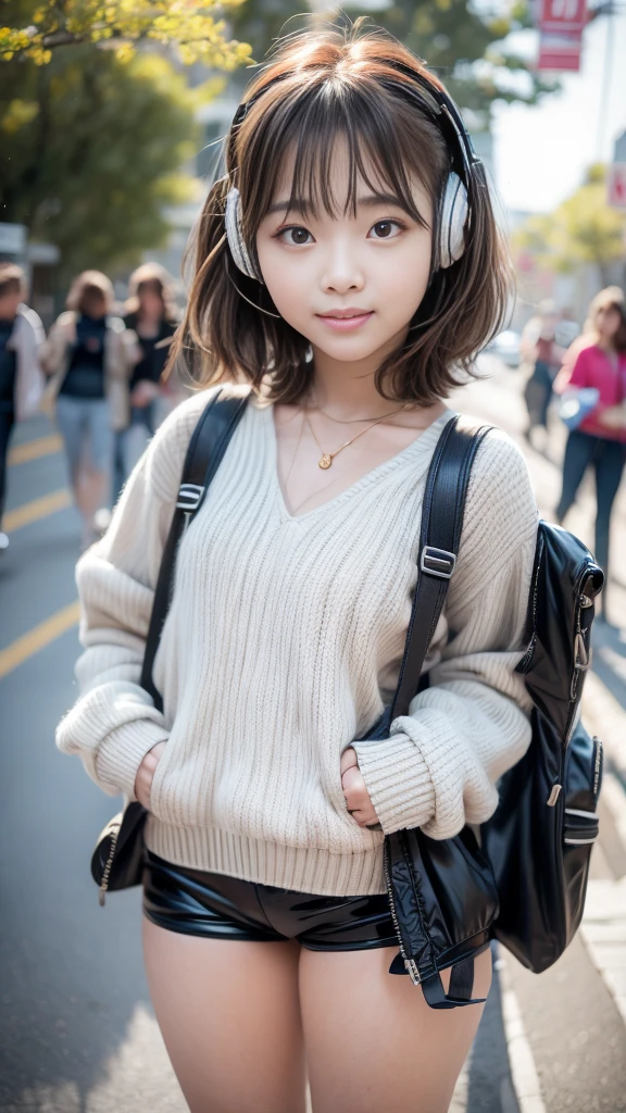 A forward-looking image from head to toe,1girl, solo,standing,short bob,bowl cut,Straight across bangs,Black hair,socks,platform sneakers,headphone,Knapsack,8k, RAW photo, top quality,masterpiece,realistic, photo-realistic, extremely detailed 8k wallpaper, sharp concentration, depth of field,1girl, solo,Skinny,Small bust,smil,open mouth,