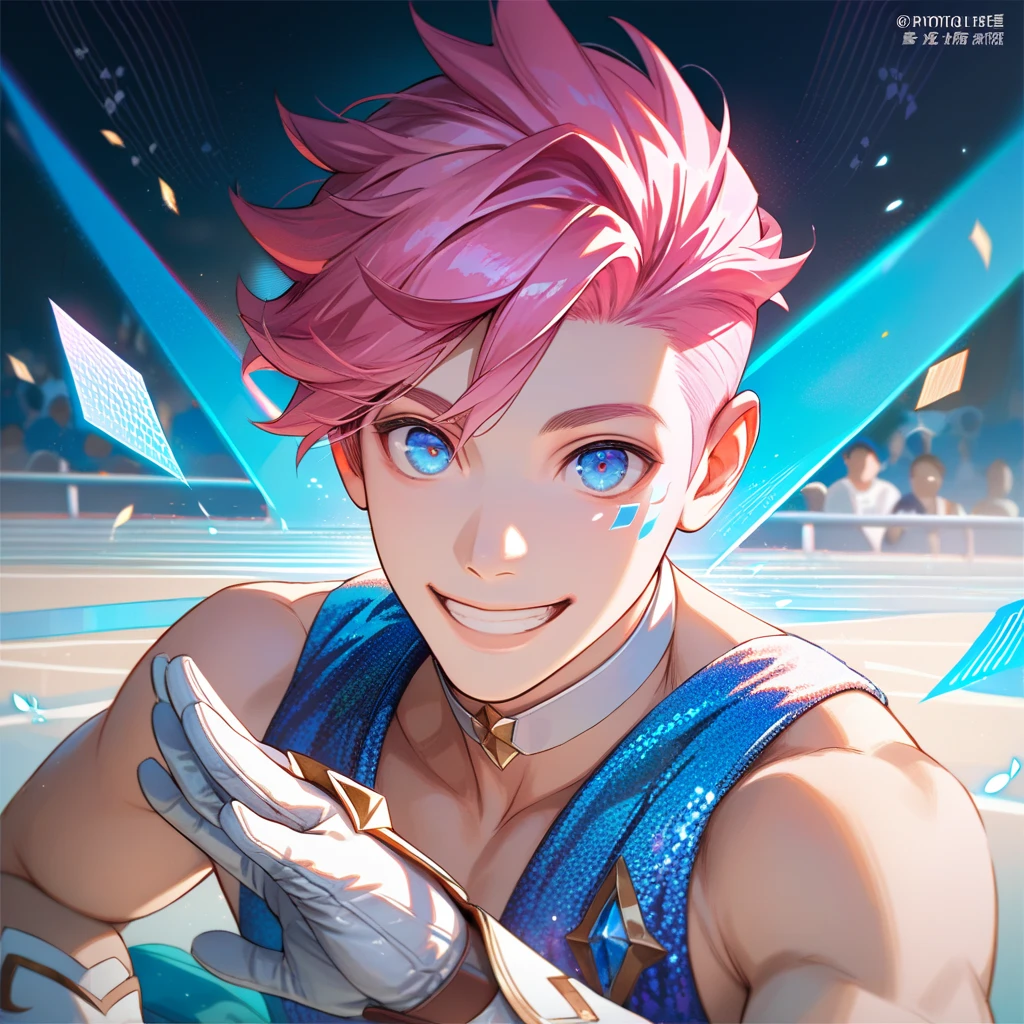 ultra detailed, master piece, best quality, cinematic angle, motion lines, focus male, detailed eyes, detailed hands, white skin male, young male, whole body, muscle, pink hair, expressive light blue eyes, shirtless, pale blue musical note, pale blue glitter, white choker, white gloves, smile, white thong, night back ground, posing, bulge, looking at viewer, five-fingered hand 