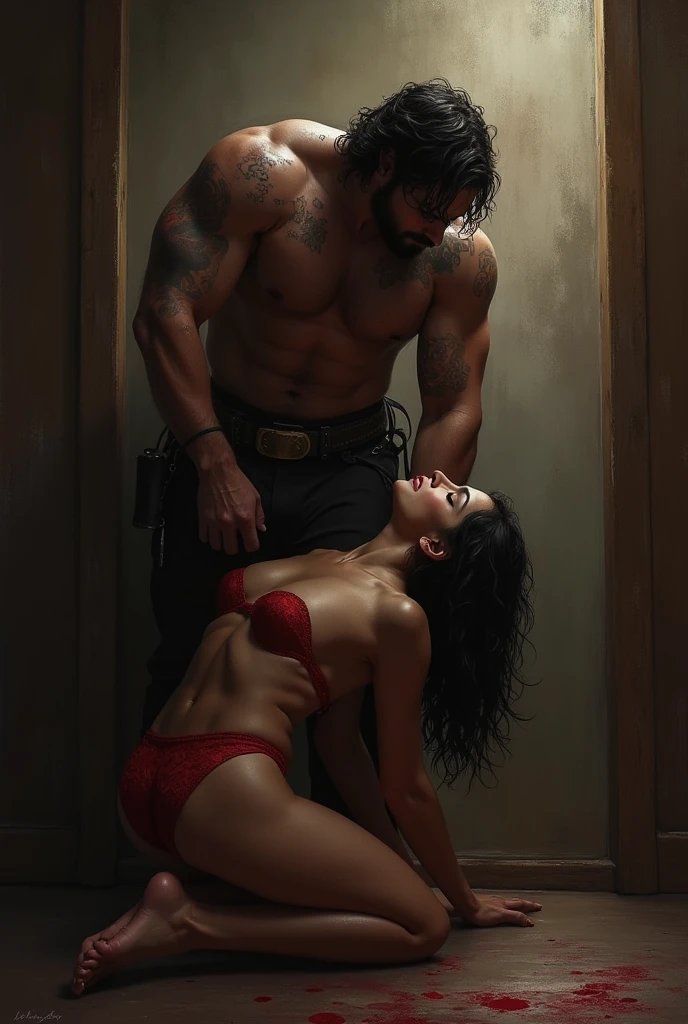 (shabby bathroom)Glamour white victoria secret model woman.
(A homeless Indian man hugs a model woman from behind in a toilet stall and touches her chest with his clothes. Screaming face