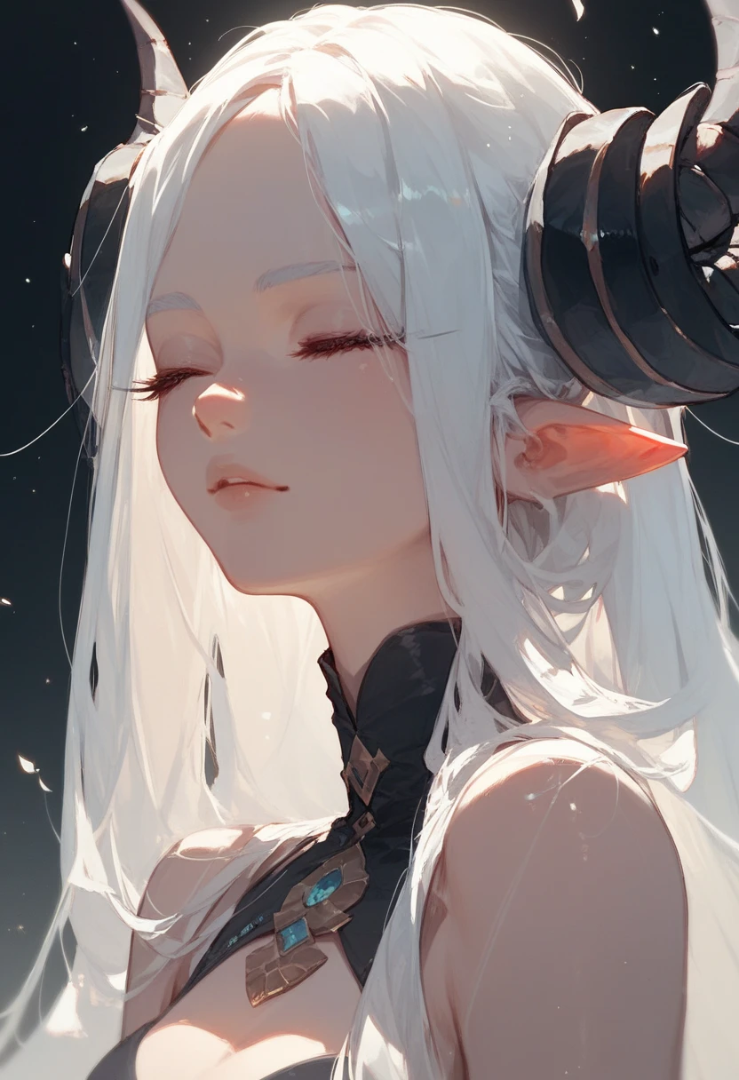 score_9, score_8_up, score_7_up, 1girl, solo,  1 girl, long white hair, Eyes Pretos de Máscara Black, Is horns an elf's ear 