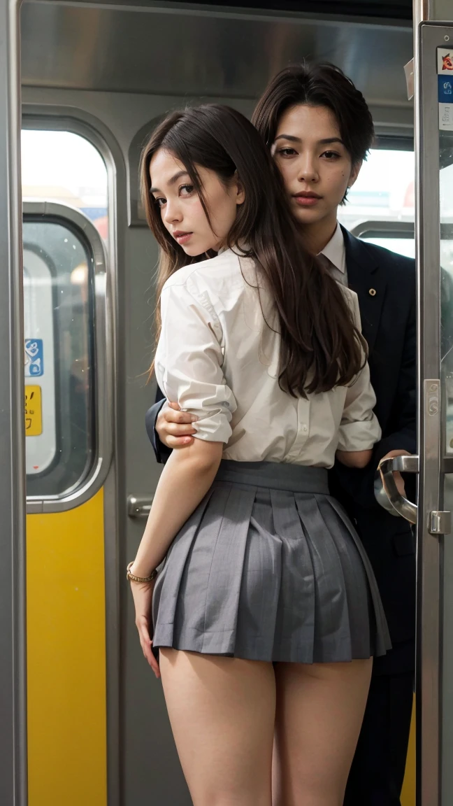 beste-Qualit, 8K, High school girl being molested, The man in the suit on the right touches my buttocks., rounded buttocks, Beautiful girl in delicate uniform, tiny chest, Small breasts, small tits, Attacked by a man,
