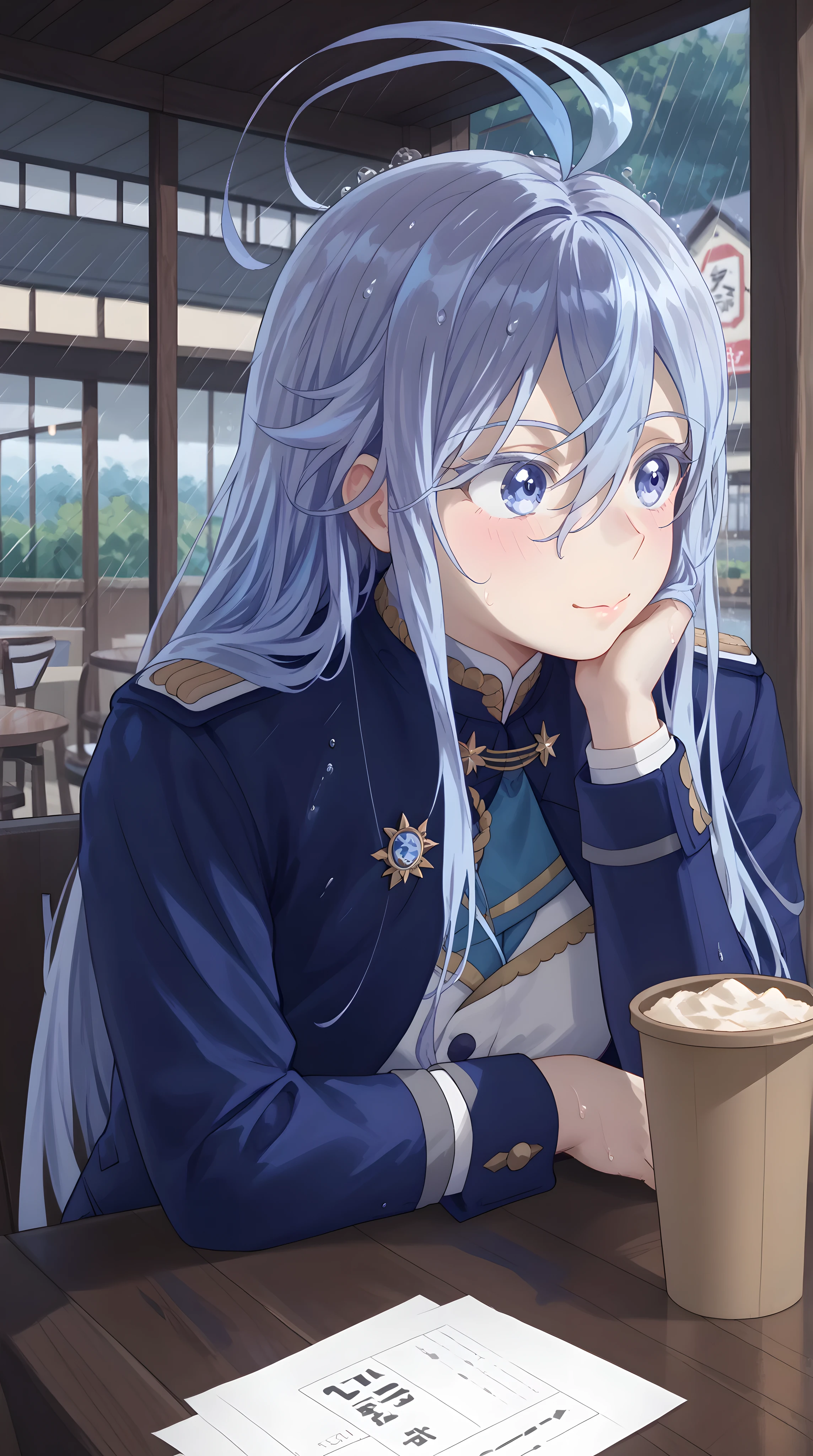 (Vladilena Milize), ((cute)), (Vladilena), light blue hair, blue eye, anime style, blue and white uniform, sitting in cafe, (looks away), close up, rainy, paper cup, ahoge, gloomily, ((tucking hair)), ear, holding hair