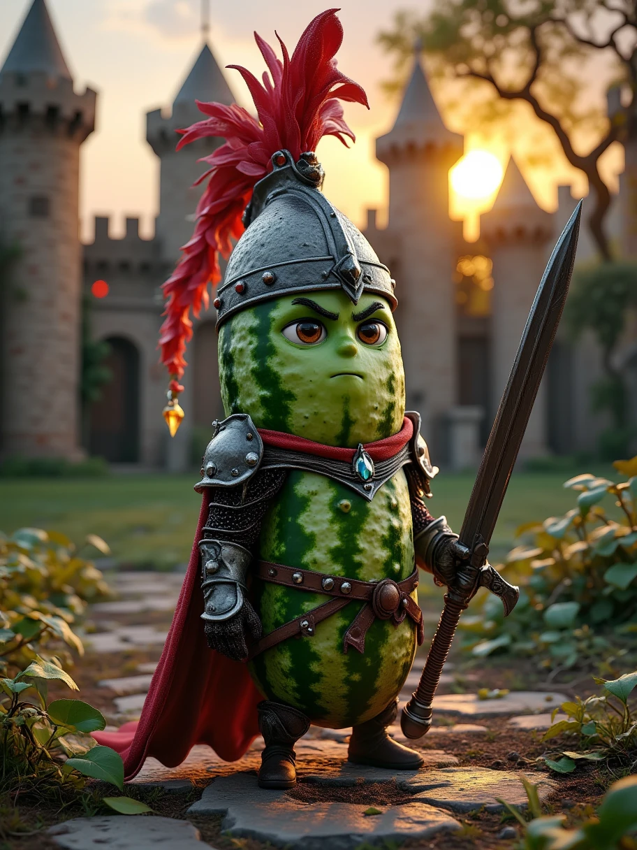 Extra Long Shot,  A spinach with human-like characteristics ， wears a powerful warrior costume ， includes a red feathered helmet {x} and a piece of armor with metal decorations。 The character has a serious expression ， eyes bright 。 with a broad sword ，The sword shone with cold light。 The background is an ancient battlefield site ，Overgrown， The afterglow of the sunset shines on broken weapons and shields ， creates a kind of vicissitudes 、 fighting atmosphere 。 The texture of spinach leaves 、 The green color and fantastic glow of the helmet ，Strong personality 。Realism，photography，Blind Box，Disney，3D Rendering，C4D，OC Renderer，Full body portrait