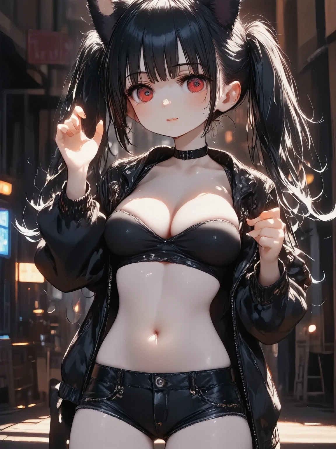 1girl\(cute,kawaii, charming, fascinating, bewitching, evil smile, smirk, open mouth, tongue, fang, black hair, long hair, twin tails hair, pale skin, white skin, red eyes, eyes shining, big eyes, big breast, perky breast, punk fashion, ripped clothes, tight tube top, tight hot pants, stomach shown, ripped black short jacket, fluffy black cat-ear, spiral eyes, bang, hands in pocket\), background\(outside, noisy city, backstreet, narrow street, neon lights, at midnight\),3d render, portraits, bust-up shot, from below, niji style, OBbllai, slight abdominal muscles, aesthetic_pos3, dynamic_pos3,very close up of girl