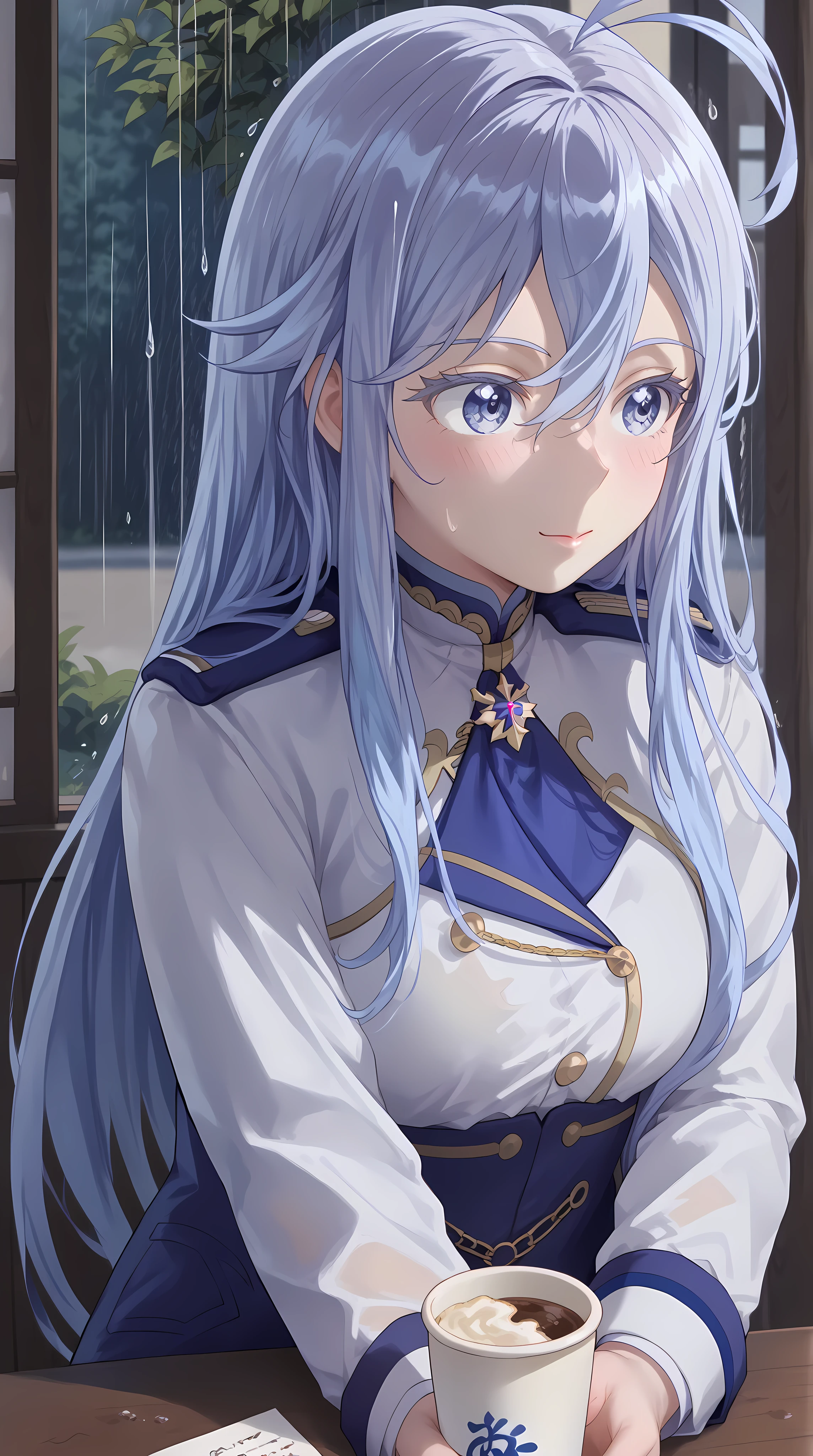 (Vladilena Milize), ((cute)), (Vladilena), light blue hair, blue eye, anime style, blue and white uniform, sitting in cafe, (looks away), close up, rainy, holding paper cup, ahoge, gloomily, tucking hair, red hair part