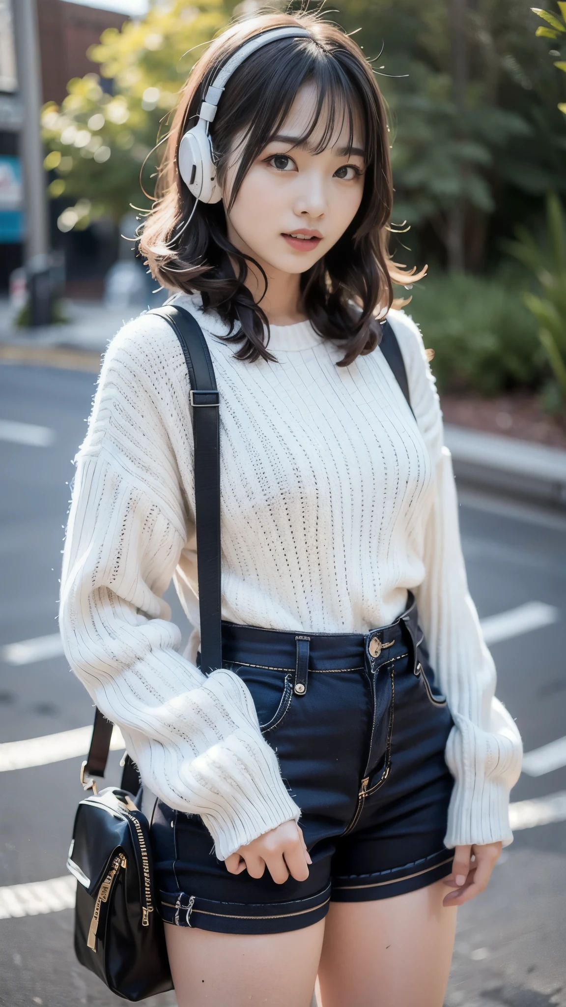 1girl, solo,standing,short bob,bowl cut,Straight across bangs,Black hair,socks,platform sneakers,headphone,Knapsack,(8k, RAW photo, top quality,masterpiece,realistic, photo-realistic, extremely detailed 8k wallpaper, sharp concentration, depth of field,1girl, solo,Skinny,Small bust,smil,open mouth