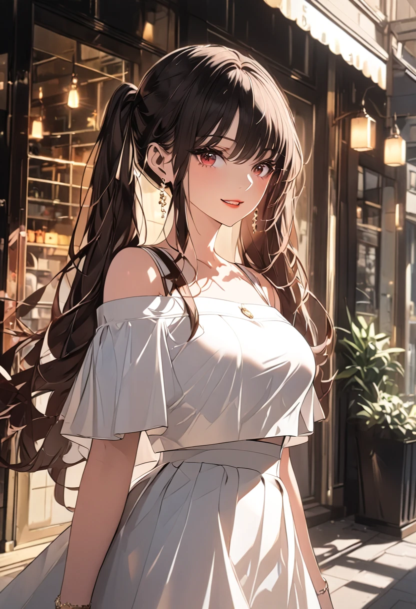 woman wearing a white off shoulder shirt and white skirt, standing outside a cafe, posing, pretty lipstick, gentle smile, natural lighting, high quality, detailed painting,8k, cinematic, warm colors, soft lighting, golden hour, elegant, fashion, lifestyle, editorial, whole body, ft colors, pastel colors, warm tones, full body shot, whole body, black high heels,full body shot, dynamic pose, big breasts, muted colors, skin pores, score_9, score_8_up, score_7_up, (sfw), (cowboy shot, dutch angle:1.2), 1girl, solo, mature female, thigh strap, hutao, long hair, bangs, brown hair, red eyes, hair between eyes, twintails, sidelocks, symbol-shaped pupils, mismatched gloves,
