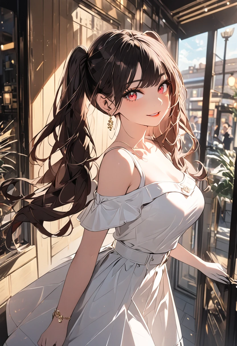 woman wearing a white off shoulder shirt and white skirt, standing outside a cafe, posing, pretty lipstick, gentle smile, natural lighting, high quality, detailed painting,8k, cinematic, warm colors, soft lighting, golden hour, elegant, fashion, lifestyle, editorial, whole body, ft colors, pastel colors, warm tones, full body shot, whole body, black high heels,full body shot, dynamic pose, big breasts, muted colors, skin pores, score_9, score_8_up, score_7_up, (sfw), (cowboy shot, dutch angle:1.2), 1girl, solo, mature female, thigh strap, hutao, long hair, bangs, brown hair, red eyes, hair between eyes, twintails, sidelocks, symbol-shaped pupils, mismatched gloves,
