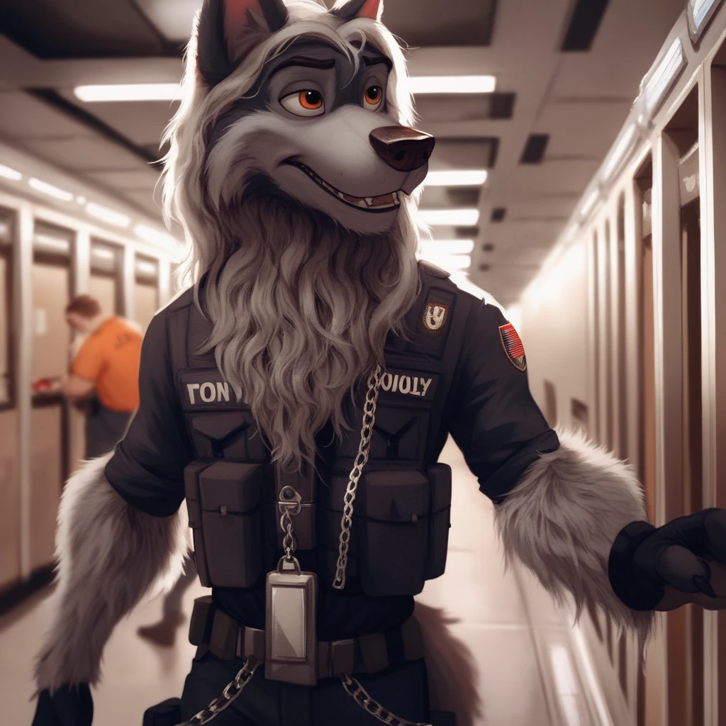 score_9, score_8_up, score_7_up, score_6_up,   adult, Anthropomorphic, wolf, black airport security shirt, harness, airport cargo room, Chain collar,long haired, wavy hair, Disney art style, human body, safety gear, tactical uniform, reflective Stripes, facial hair, sniffing in the airport cargo room, furry wolf, long slender snout, long wavy hair, extra long fluff, sniffling boxes, no humans, quadruped, on All four