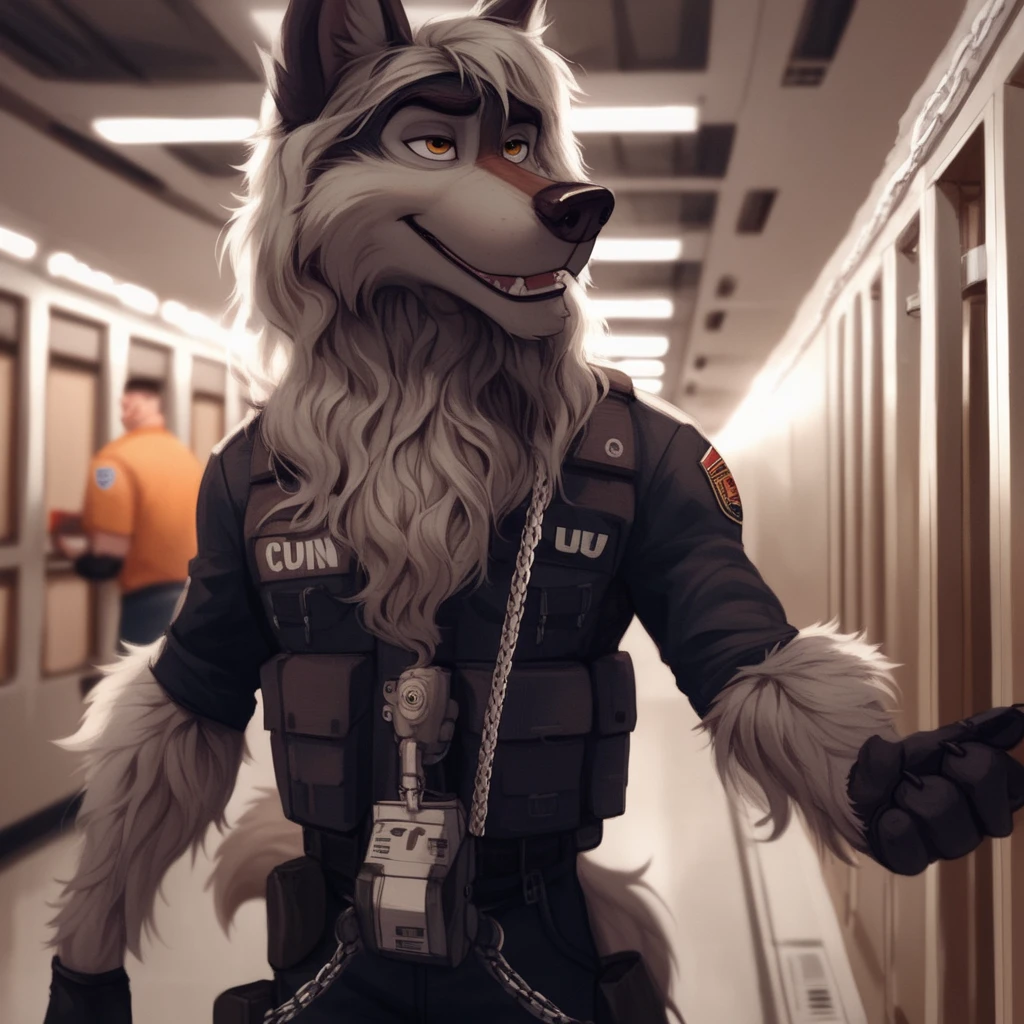 score_9, score_8_up, score_7_up, score_6_up,   adult, Anthropomorphic, wolf, black airport security shirt, harness, airport cargo room, Chain collar,long haired, wavy hair, Disney art style, human body, safety gear, tactical uniform, reflective Stripes, facial hair, sniffing in the airport cargo room, furry wolf, long slender snout, long wavy hair, extra long fluff, sniffling boxes, no humans, quadruped, on All four