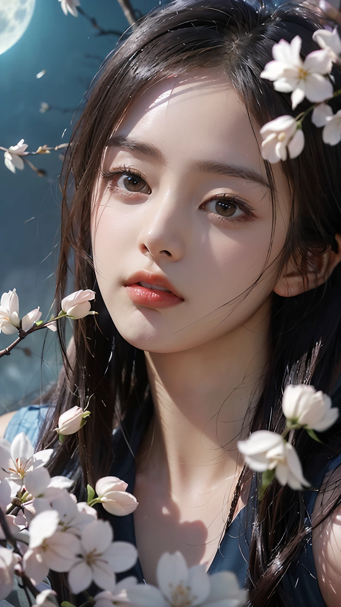 ( logo , masterpiece, 8k, Tabletop, RAW photos, huge , Top Quality, realistic and High quality 디테일 CG integrated 8k wallpaper, High quality, High quality 디테일, particle effect , Dynamic Effects , border depth , Movie lighting, Lens Flare, ray tracing , with pale golden eyes )), (( 1 Beautiful Woman , silvery long hair , beautiful face, Real face, beautiful, clear eyes, beautiful skin )), ((night, , Blue full moon , night sky, cherry blossoms, cherry blossomss, Falling Petals , Flying petals)), beautiful eyes
