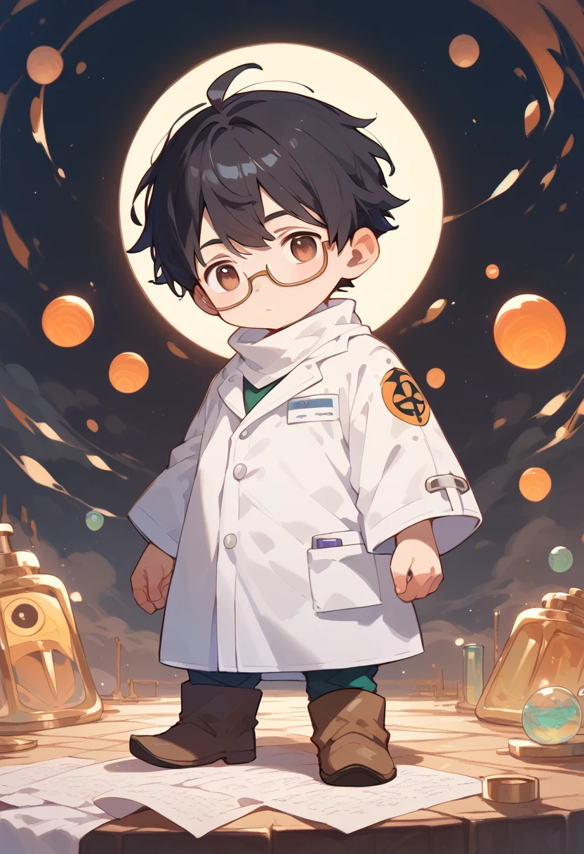 masterpiece, (score_9,score_8_up,score_7_up,score_6_up), 1 man, brown eyes, slender eyes, black hair, He wears a white coat over a black turtleneck., glasses, buddha face, scientist, brown boots, chibi only,chibi,