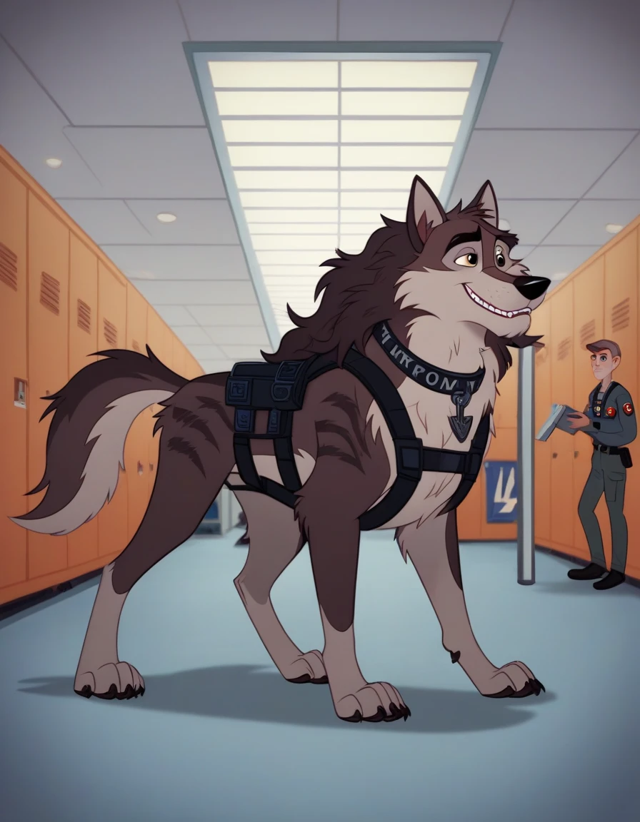 score_9, score_8_up, score_7_up, score_6_up,   adult, Anthropomorphic, wolf, black airport security shirt, harness, airport cargo room, Chain collar,long haired, wavy hair, Disney art style, human body, safety gear, tactical uniform, reflective Stripes, facial hair, sniffing in the airport cargo room, furry wolf, long slender snout, long wavy hair, extra long fluff, sniffling boxes, no humans, Accurate, Anatomically Correct, quadruped, walking on all fours 