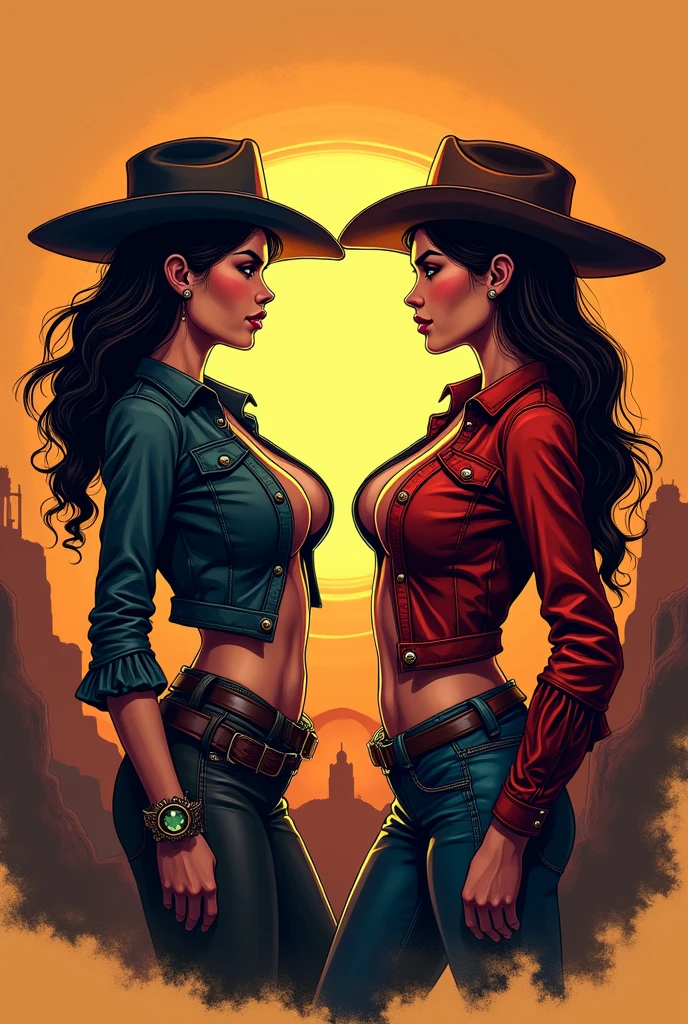 mexican senorita outlaw. vintage tattooed female bandito wearing skimpy sexy traditional dress. ammunition belts crisscrossed across naked chest. wearing sombrero and La Catrina dress. standing in old mexican clay village. outlaw woman with gun. La Carambada. vintage photo.