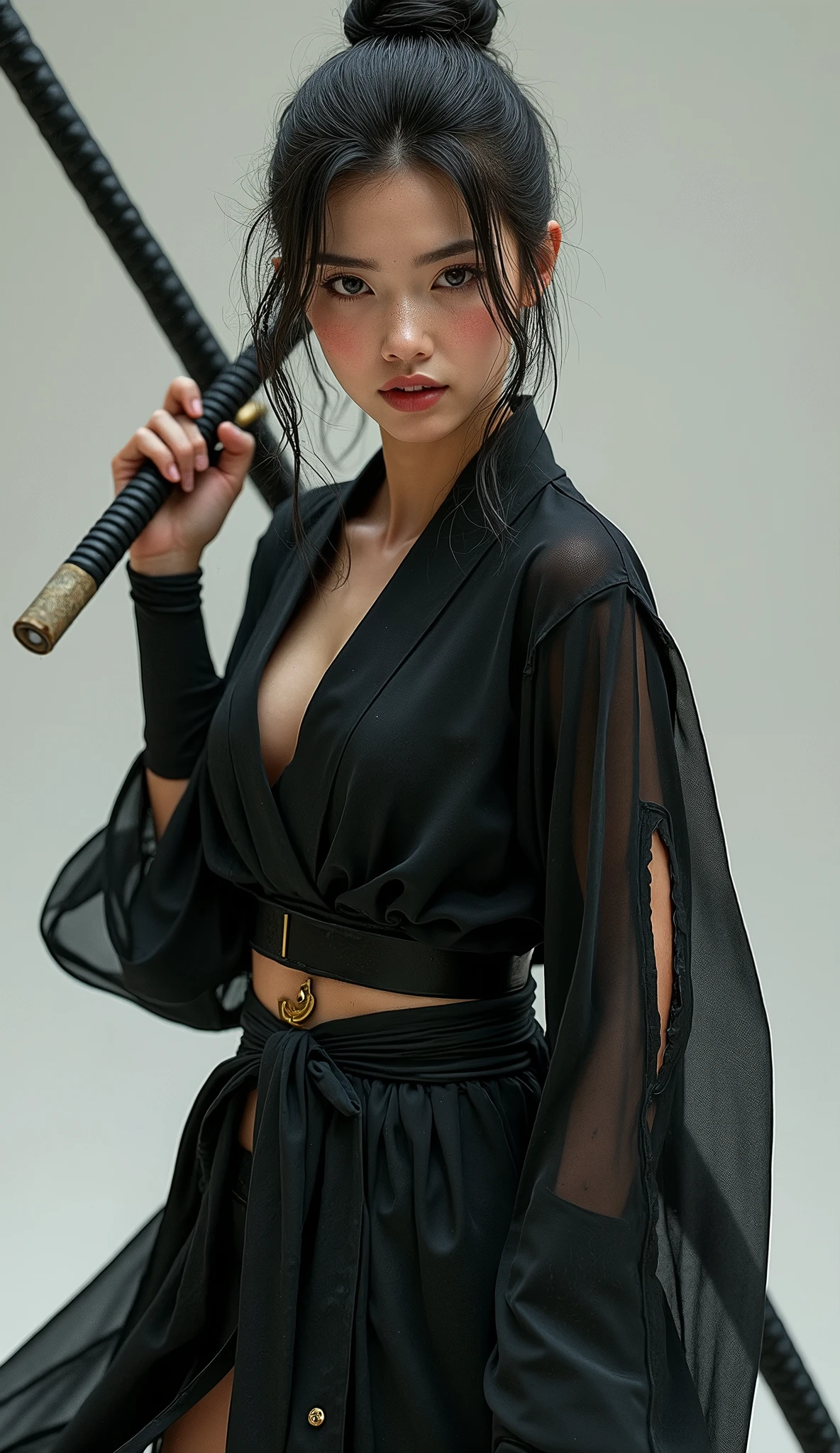 1girl, 175cm,korean model, 23 years old,soft body, black hair, wavy hair,whole body,tied hair,hair tied up, hair reaches waist, black choker,sexy ancient chinese uniform ,chinese suit,half undressed,close-up, 8k, RAW photo, best quality, masterpiece,realistic, photo-realistic,seductive,((training spear)),practicing spear martial art,holding spear to attack
