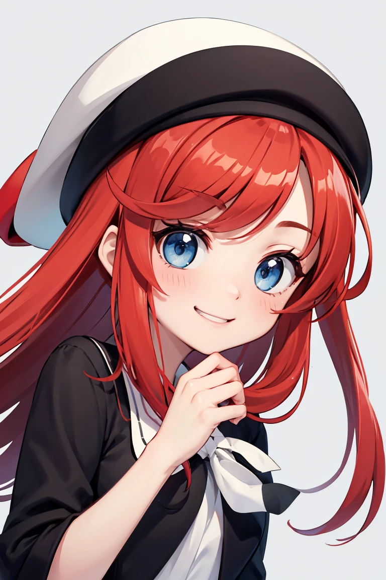  Airi Ban、Red Hair、 split bangs 、Bright features、 blue eyes、smile、Black clothes、white squishy hat