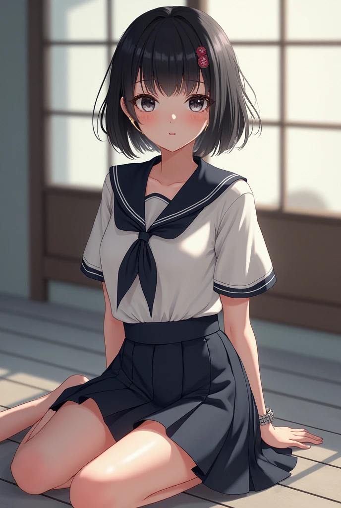 high-level image quality、top-quality、Detailed drawing、Does not blush cheeks、Slender adult beauty、Sailor School Swimsuit、Small eyes、Smaller chest、Inner thigh-sitting、Petanko sitting、Bery short hair