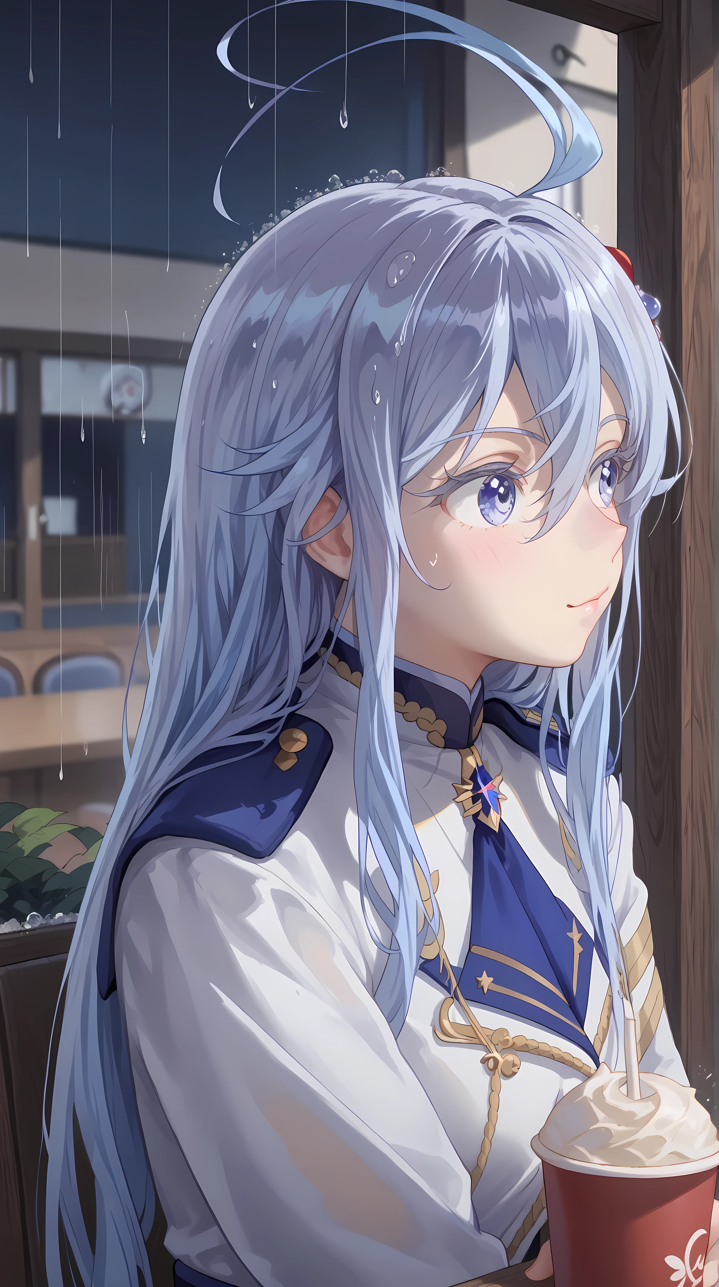 (Vladilena Milize), ((cute)), (Vladilena), light blue hair, blue eye, anime style, blue and white uniform, sitting in cafe, (looks away), close up, rainy, holding paper cup, ahoge, gloomily, tucking hair, red hair part