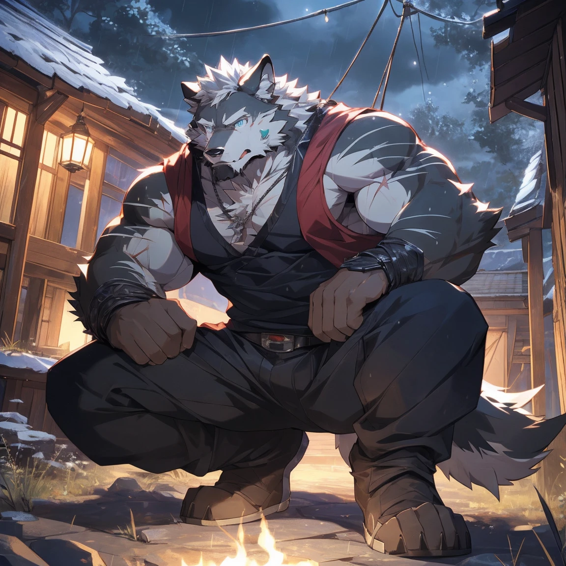 solo person, swimming pool in the background, nightime, golden and pink lights on the background, building roof, exterior, Wolf head，Wolf tail，male people，musculature，Sexy blue ears，blue hairs，There is fur on the arms，There is fur on the legs，The whole body is covered with gray fur， red panties，black sock，Red collar， Face to face audience，Stroke panties，sat on the ground，Abs，Bare upper body，Stronger，Male， are worn ，large tail，Hairy chest and genitals, having a massive erection, massive ammounts of cum (being shot from the tip of the penis), extremely pleasured expression, big balls, balls are hairy from the sides and below