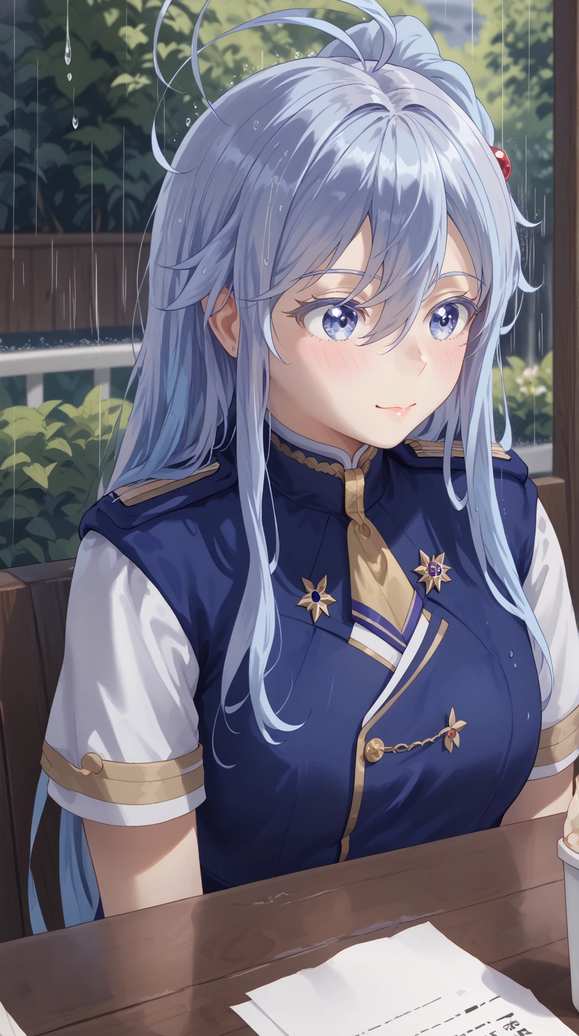 (Vladilena Milize), ((cute)), (Vladilena), light blue hair, blue eye, anime style, blue and white uniform, sitting in cafe, (looks away), close up, rainy, paper cup, ahoge, gloomily, tucking hair, red hair part, ear