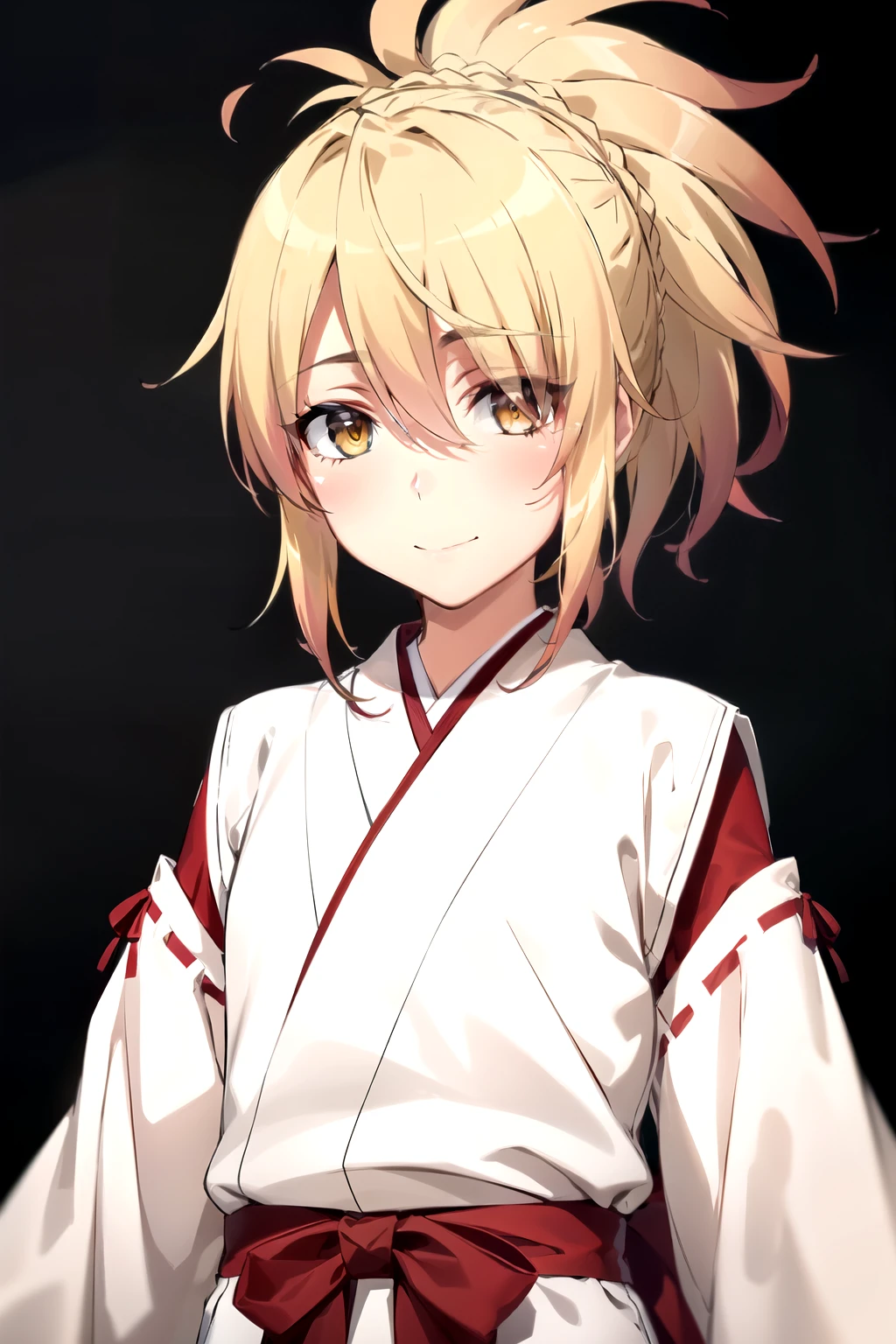  masterpiece ,  The best quality , 1 girl, feel, blonde hair,  short hair, collect,  yellow eyes,  Fox ears ,  Japanese clothing , red as well, Monkey, looking at the spectator,  upper body, smile, Alone, ( simple background , solid gray background ) sarifi , smile, string, neck, ( masterpiece ,  better quality , Detailed:1.3)  A kitsume with dark orange, voluminous hair in a ponytail that reaches her lower back, bright orange eyes, dark, thick tail with a white tip ,  wearing a maid's costume and glasses like a librarian  