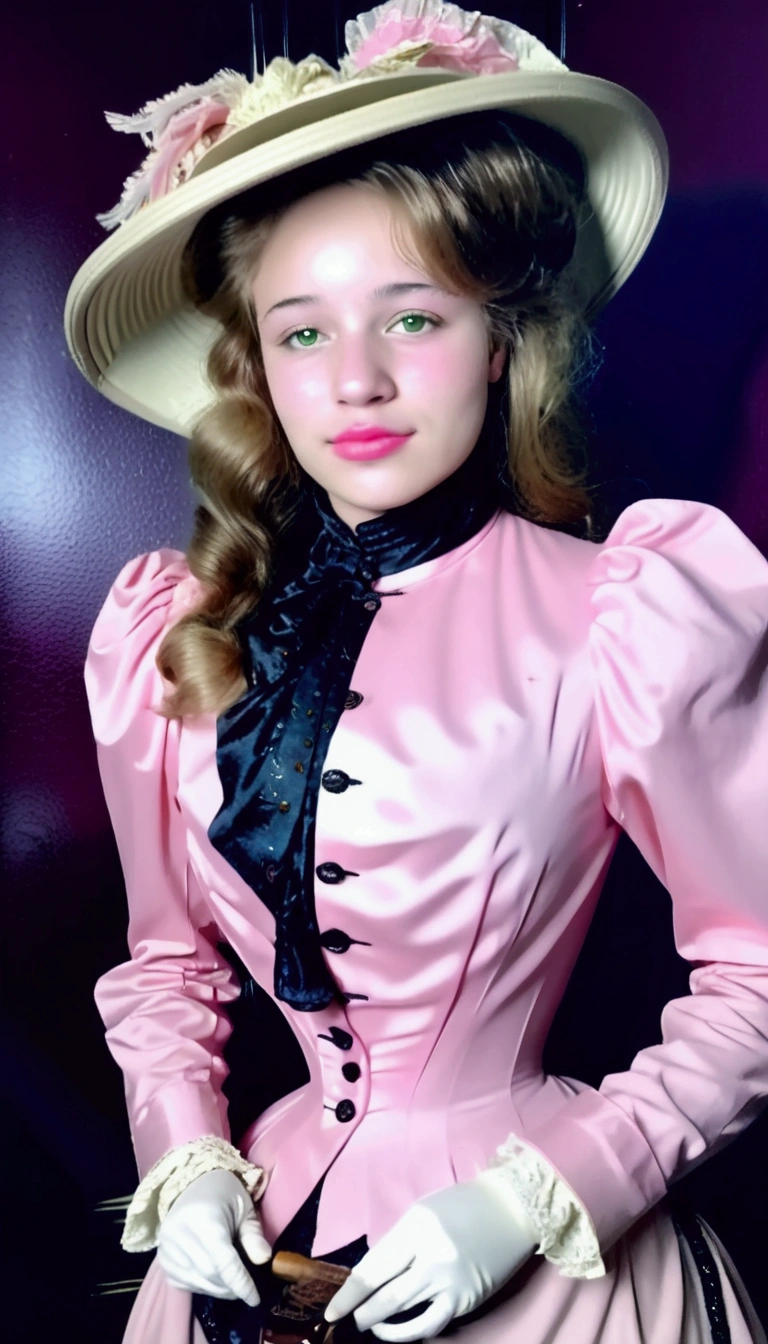 Sexy 12yo Gibson Girl of the Edwardian era. Wearing her (((pink 1900_dr3ss:1.5))). High-collar long sleeve shirtwaist, long skirt, wide-brimmed picture hat. (((Full body))). 9-inch Wasp waist, bubble butt sticking out. Full body. Honey blonde hair 