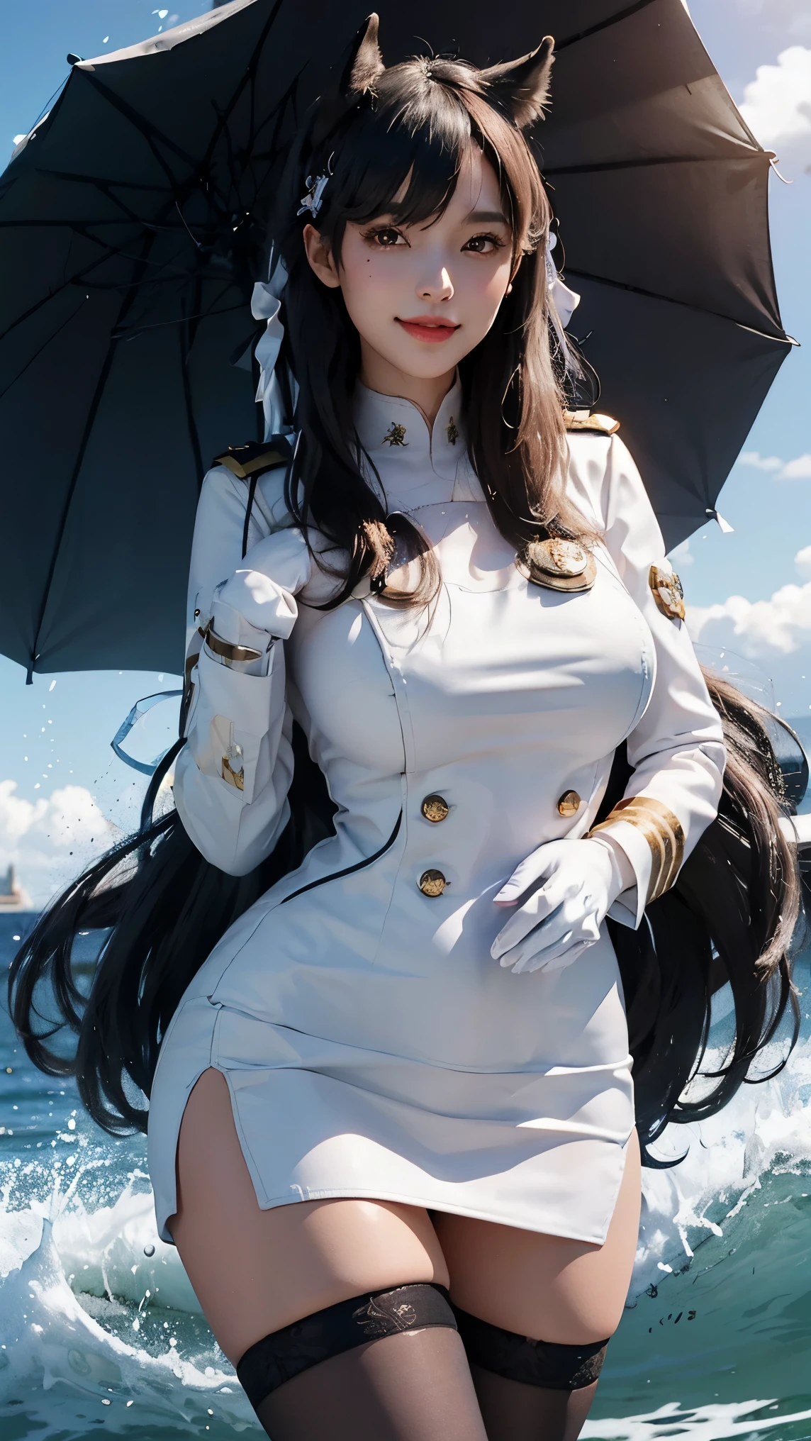 Atago,(best qualityer,4K,8k,high resolution,work of art:1.2)(weather: midday), Mondstadt port background, battleships, white navy captain jacket, white tight mini skirt, white gloves, black pantyhose, horse ears, cheek mole, long straight hair, dark hair, ultra detailed, realistic,portraite,beautiful detailed honey eyes, glowing eyes,blush,beautiful detailed lips,extremely detailed eye and face, long eyelashes,sexly,average, large breasts,beaming smile, sexy smile,powerful girl, flirty pose, stunning curves,bright coloured,dramatic lighting,