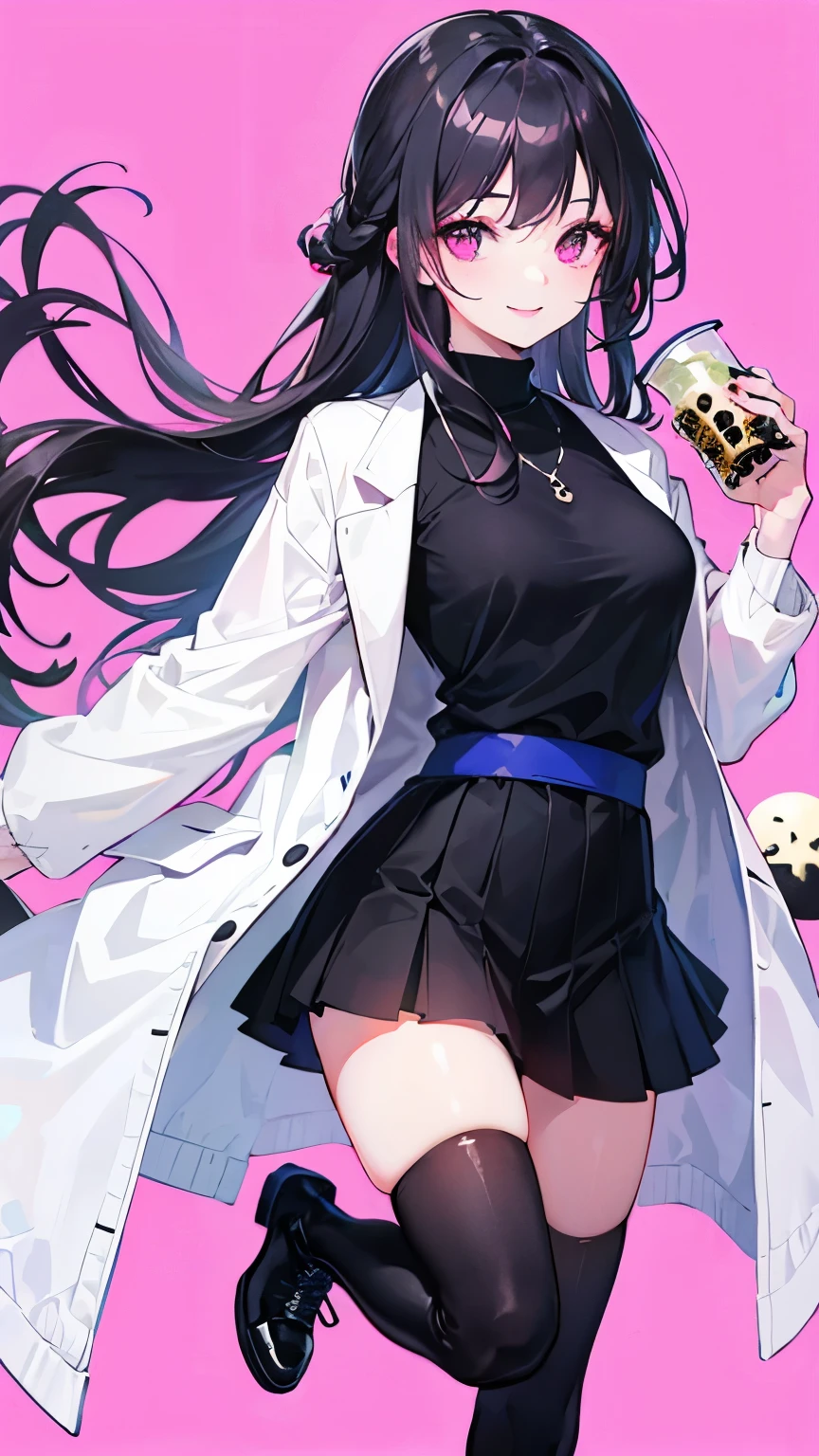 A cold female junior high school student, (high cold expression), (arrogant expression), delicate close-up of facial features, high raised chest, plump chest, half-exposed chest (purple hair), ((lilac long hair)), flowing hair, goose egg shaped face white, bright atmosphere, ((painted with a faint eyeliner)), ((sharp eye close-up)), slender figure, (short-sleeved white shirt school uniform), (white short-sleeved button-down shirt), (long legs wearing black trousers are also straight and slender), Coupled with the unique youthful atmosphere of the girl, standing posture, school, (classroom door), classmates laughing in the classroom, (from the side), full body photos, panorama