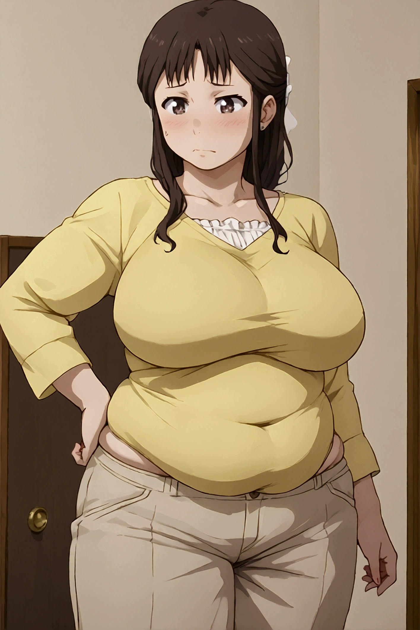  chubby anime young woman , Yellow long sleeve,  beige pants,  fat stomach ,  embarrassing expression,  Segawa Misato ,  brown hair,  chubby,  huge breasts, segawa misato,  Brown Eyes ,  mature,  wide shot