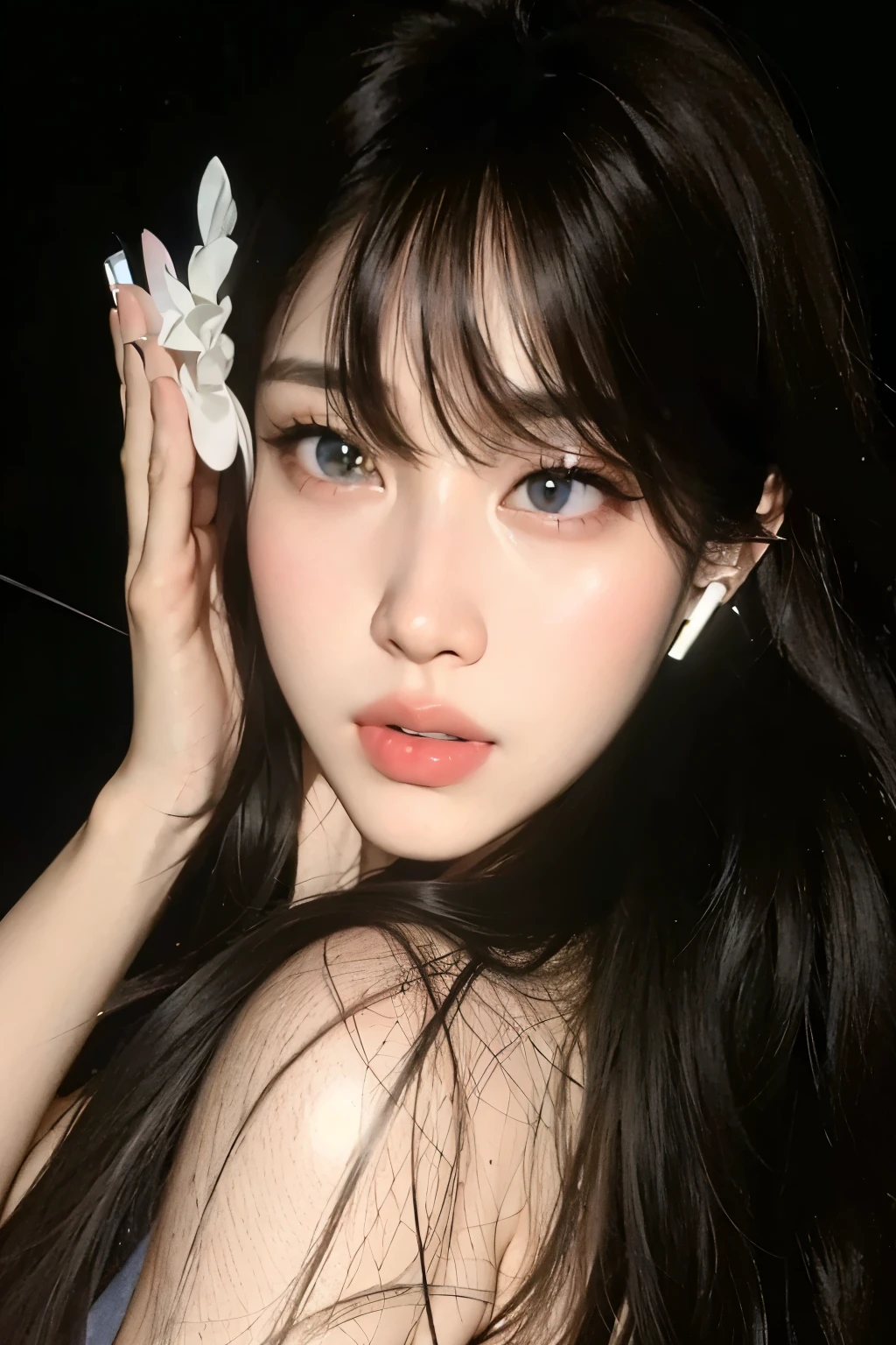 there is a woman with long black hair and a white dress, Ulzzang, pale porcelain white skin, cruel korean goth girl, maquiagem sul-coreana popular, pale round face, pale, snow-white skin, korean symmetrical face, adorable and pale korean face, pale milky white porcelain skin, pale white face, linda mulher sul-coreana, maquiagem coreana popular, young lovely korean face