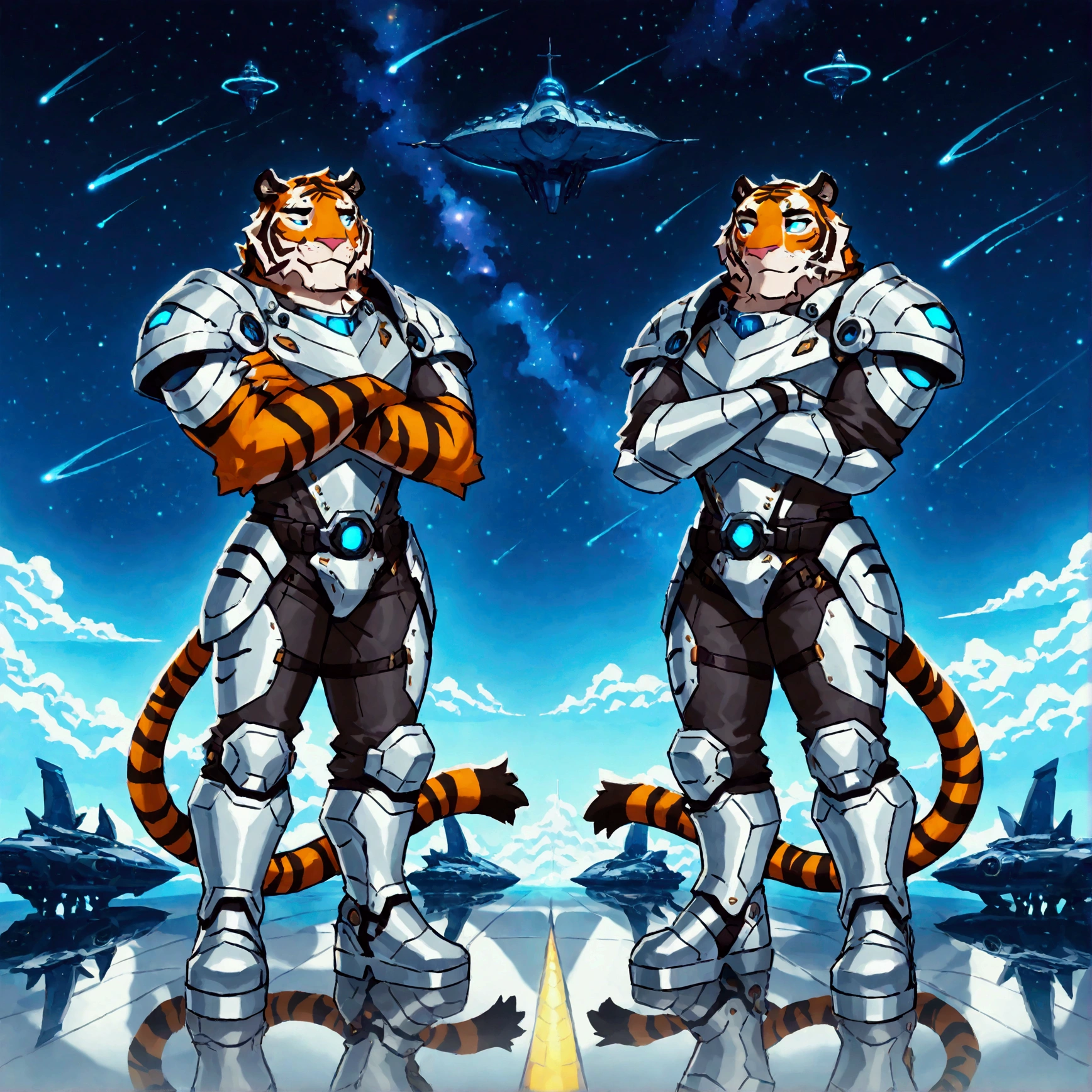 character focus, A futuristic scene at a vast, technologically advanced spaceport, set in the distant future. A humanoid tiger-like creature (anthropomorphic tiger) stands on a raised platform, gazing up at the starry sky with a pensive expression. The spaceport is filled with sleek, metallic ships and illuminated by soft neon lights. The tiger humanoid is muscular, wearing fantasy armor and mantle with glowing accents, reflecting the advanced society. In the sky, several spacecrafts soar toward distant planets, with a galaxy and stars in the backdrop. The atmosphere feels calm yet mysterious, as the tiger contemplates the vastness of space. (SF world, humanoid tiger, futuristic spaceport, looking at sky, starry galaxy, spacecrafts, neon lights, thinking, contemplative expression, fantasy armor and mantle clothing, pants, boots, glowing accents, sleek ships, calm, mysterious atmosphere, metallic platform, starry sky)









