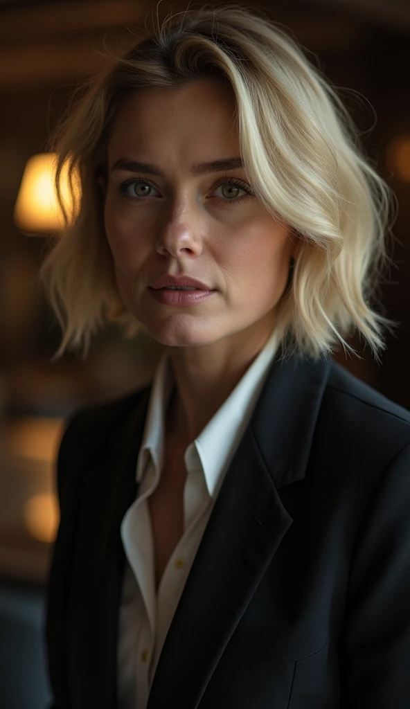 Photorealistic 3d blonde Scarlett Johansson with deep red lipstick. DNEG VFX, Wetä VFX, Pixomondo, Stereo D, and BOT VFX. Scarlett Johansson is in a white blazer.hyper realistic,sharp focus, perfect composition, high contrast,cinematic, atmospheric, ethereal fantasy.3dar Animation. Scarlett is whispering saying: "I'm the fairest of them all." below angle wide shot.