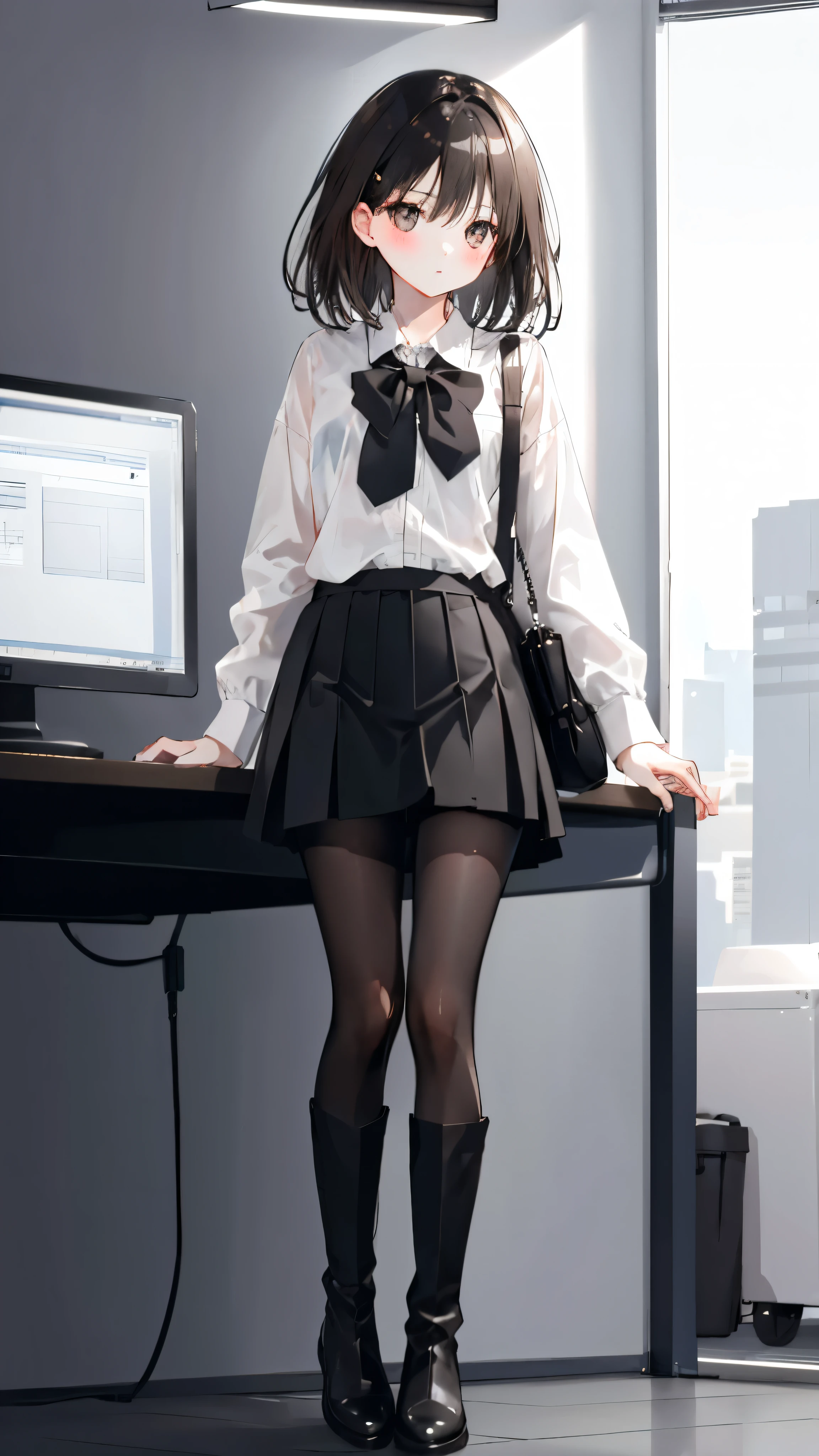 Girl with short dark hair ，Shy， blush， A young brunette girl office secretary wearing a transparent white shirt、Black office skirt and black pantyhose，Full body picture，black leather boots