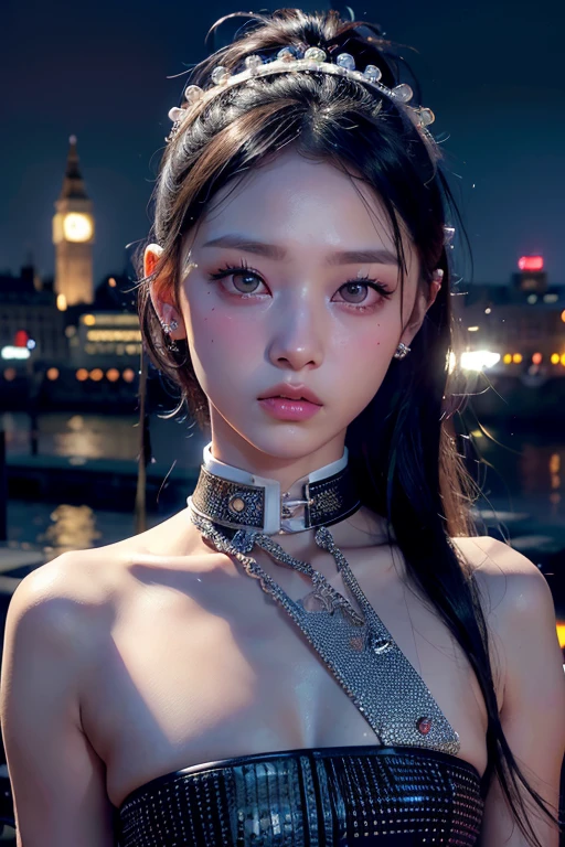 8k、High resolution、punk fashion、beautiful girl、slender body、young、colorful costumes、white skin,narrow eyes、london cityscape,high nose,lighting that illuminates the face、clear image、intellectual beauty、Eyes staring straight ahead、skinny、no makeup