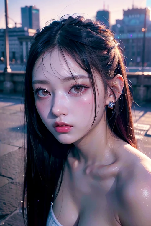 ８ｋ、 high definition 、 Punk Fashion 、Beautiful girl、細身の体、young、 Colorful Outfit 、 white skin、Face piercing,Narrow eyes、 London cityscape ,high nose,Face lighting、 Clear Images 、Intellectual beauty、 eyes looking straight ahead、 skinny、 no makeup in the coal mine