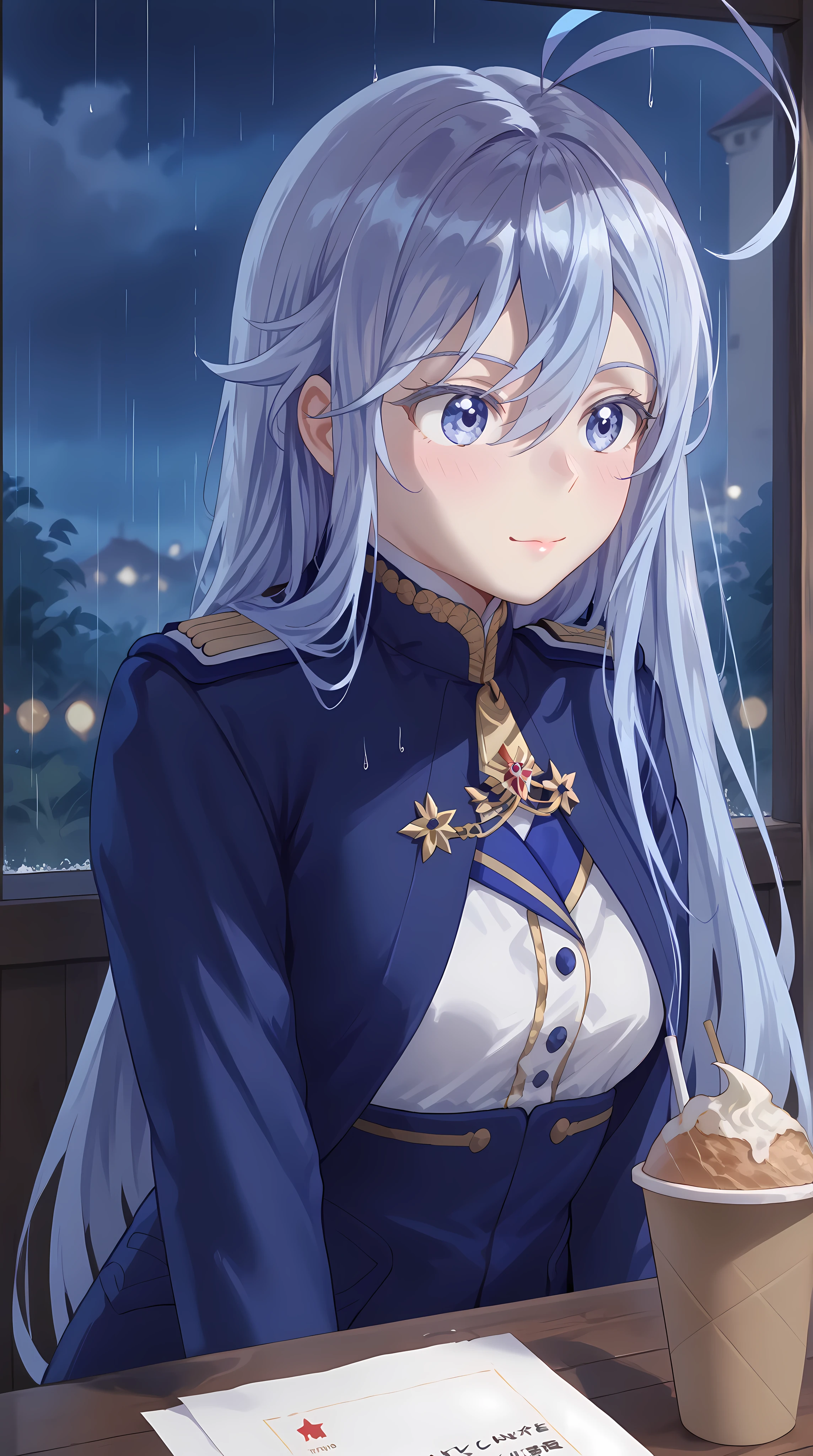 (Vladilena Milize), ((cute)), (Vladilena), light blue hair, blue eye, anime style, blue and white uniform, sitting in cafe, (looks away), close up, rainy, paper cup, ahoge, gloomily, tucking hair, red hair part, night