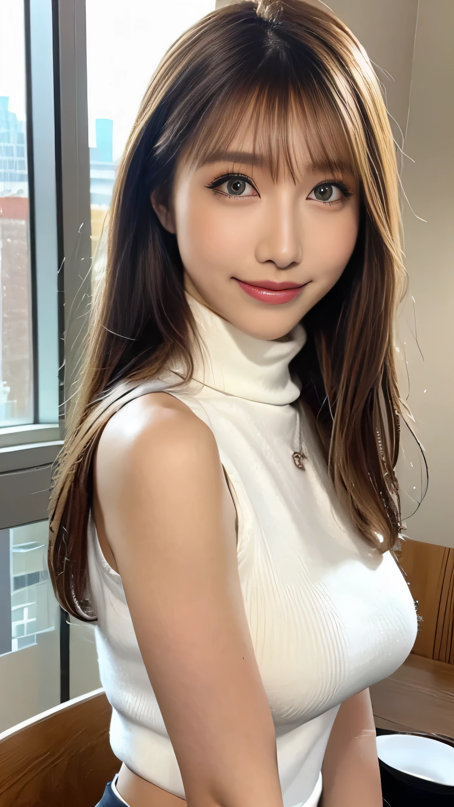 ( table top in front of you:1.3), high definition , ultra detail, Highly Detailed CG Unity 8k Wallpaper, realistic , Photographically, RAW photo, Beautifully Detailed Face , 青 white skin, realistic glowing skin, detailed cloth texture, Hair texture details, perfect body for a lawn, beautiful face, Accurate, Anatomically Correct, High Definition Face and Skin Textures, natural neck length with a cross-shaped iris, ( beautiful hands), ( white skin:1.2), Thin legs, Thin legs,
break
Estion, symmetrical eyes next to woman , light brown eyes, double eyelids, thin eyebrows, ( glossy lips :1.4), ( smiling gently :1.2),
break,
( Play:1.1), (Elegant and cute girl:1.3), ( 1 girl, one girl), (( white sleeveless turtleneck sweater:1.3)), ( White Pleated Mini Skirt ), ( knee high boots ), ( wears glasses:1.1),
( Big Breasts , Firm abs), ( slim figure、 tight breasts:1.2), beautiful collarbone ,
(( asymmetrical bang:1.2)),
break,
(( standing by the window drinking coffee:1.2)), (From the side:1.1), (Looking beside the viewer :1.2), (( focus on the face:1.2)),
((A morning in a modern Japanese office:1.2)), ( cowboy shooting:1.2),