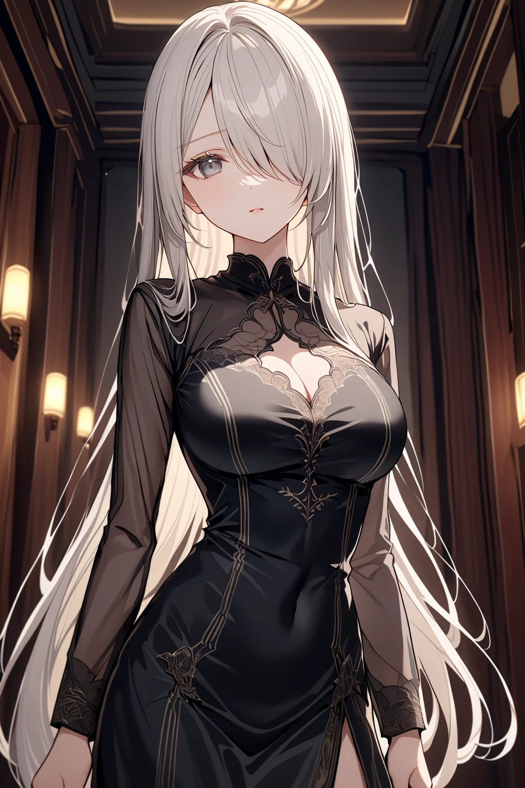 Full Body Portrait, 1girl, Solo, Looking at viewer, Shy, Cute, grey Eyes, Empty Eyes, Expressionless Eyes, white Hair, Very Long Ponytail, Straight Hair, ((Hair Over One Eye, Swept Bangs:1.5)), Petite, Large breasts, Pale Skinned, Slender, Curvy, (ruanyi0991,black dress,tight dress,see-through,long sleeves,short dress), Standing, Indoors, Cinematic Lighting, Masterpiece, 4K, Best Quality, High Resolution, Accurate, Award Winning, (SuperQuality:1.0) ~ (SuperQuality:1.2)