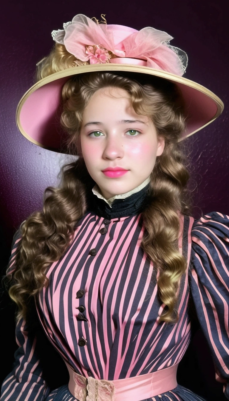 Sexy 12yo Gibson Girl of the Edwardian era. Wearing her (((pink 1900_dr3ss:1.5))). High-collar long sleeve shirtwaist, long skirt, wide-brimmed picture hat. (((Full body))). 9-inch Wasp waist, bubble butt sticking out. Full body. Honey blonde hair 