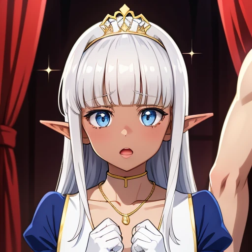 Karla (kono healer mendokusai), white_hair, dark skin, dark-skinned female, white_gloves, blue_eyes, elf_ears, straight_hair, hime_cut, and blunt_bangs, 1 adult woman, dark elf,  adorned in a form fitting satin a line wedding dress  Crowning her head is a tiara and a veil while diamond earrings and necklace sparkle in contrast with the white satin of her elbow-length opera gloves, anime 4k, hd, detailed, perfect anatomy, perfect hands, perfect face, (masterpiece), best quality, expressive eyes, perfect face, holding bouquet, pointy ears, beautiful, 
 jewelry, open mouth, hair ornament, long sleeves